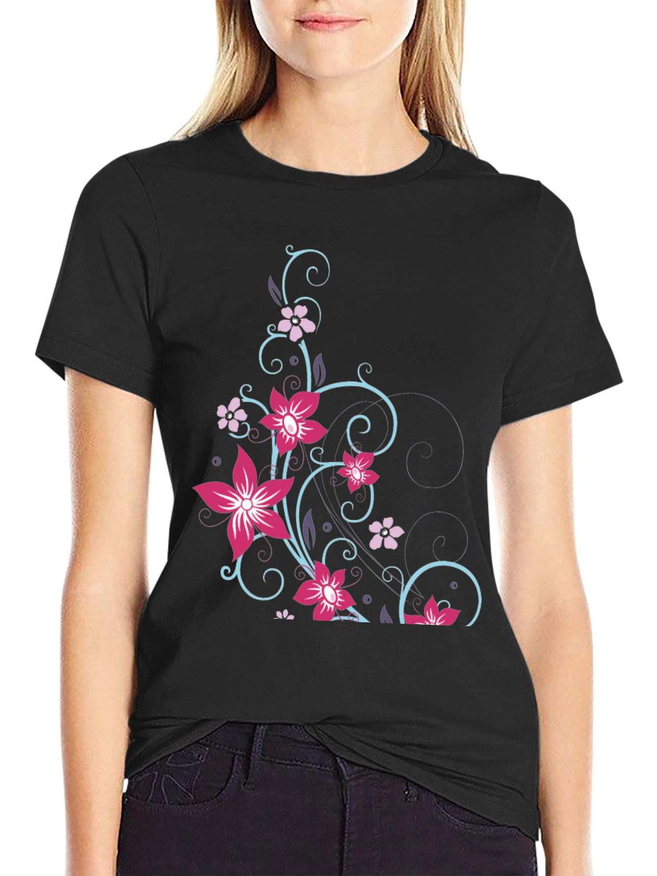 Floral Vine Graphic Black T-Shirt