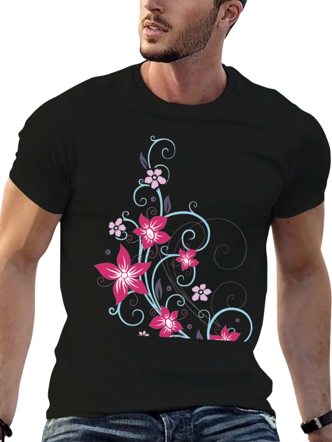 Floral Vine Graphic Black T-Shirt