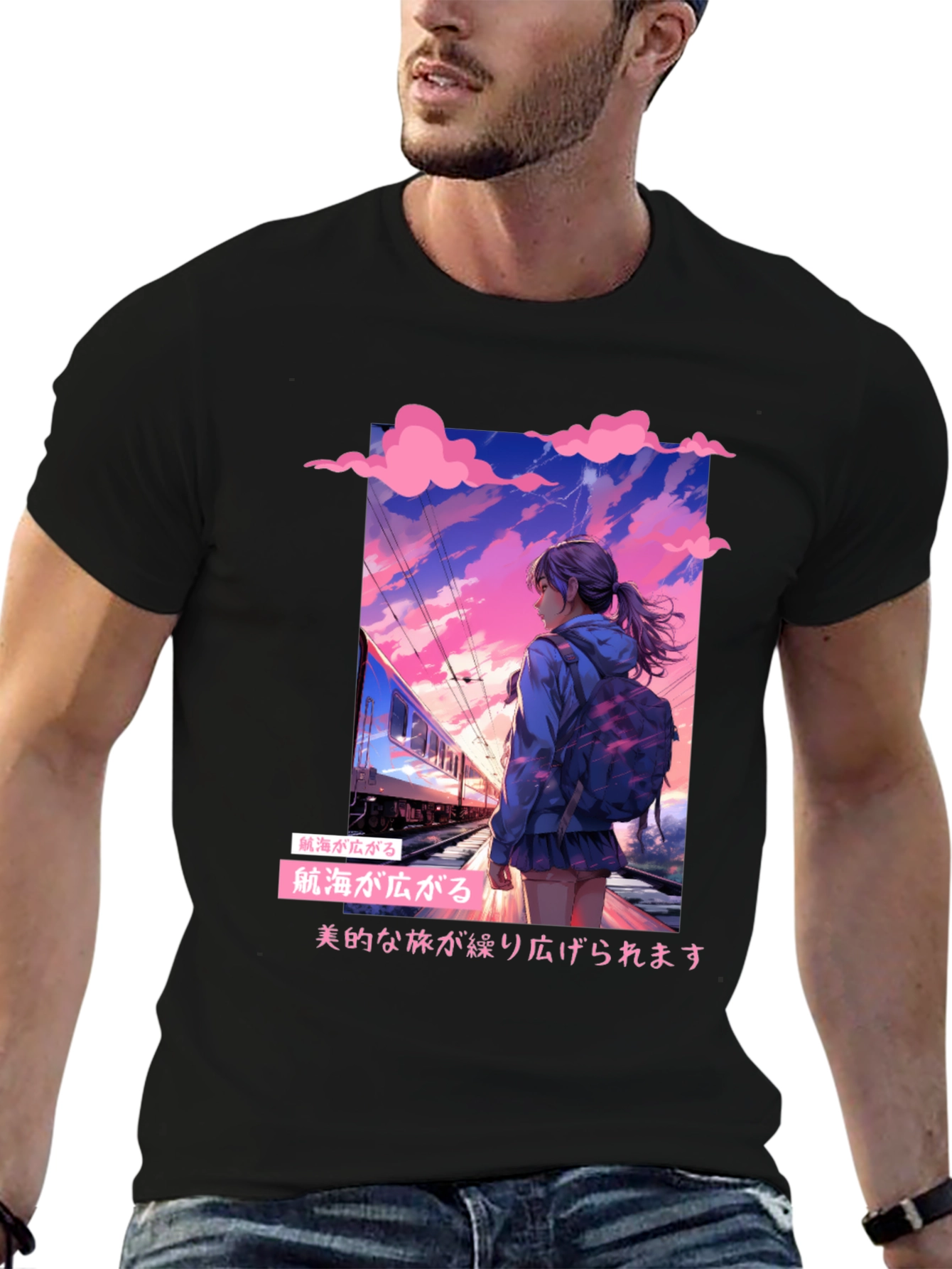 Anime Girl at Train Station Graphic Tee