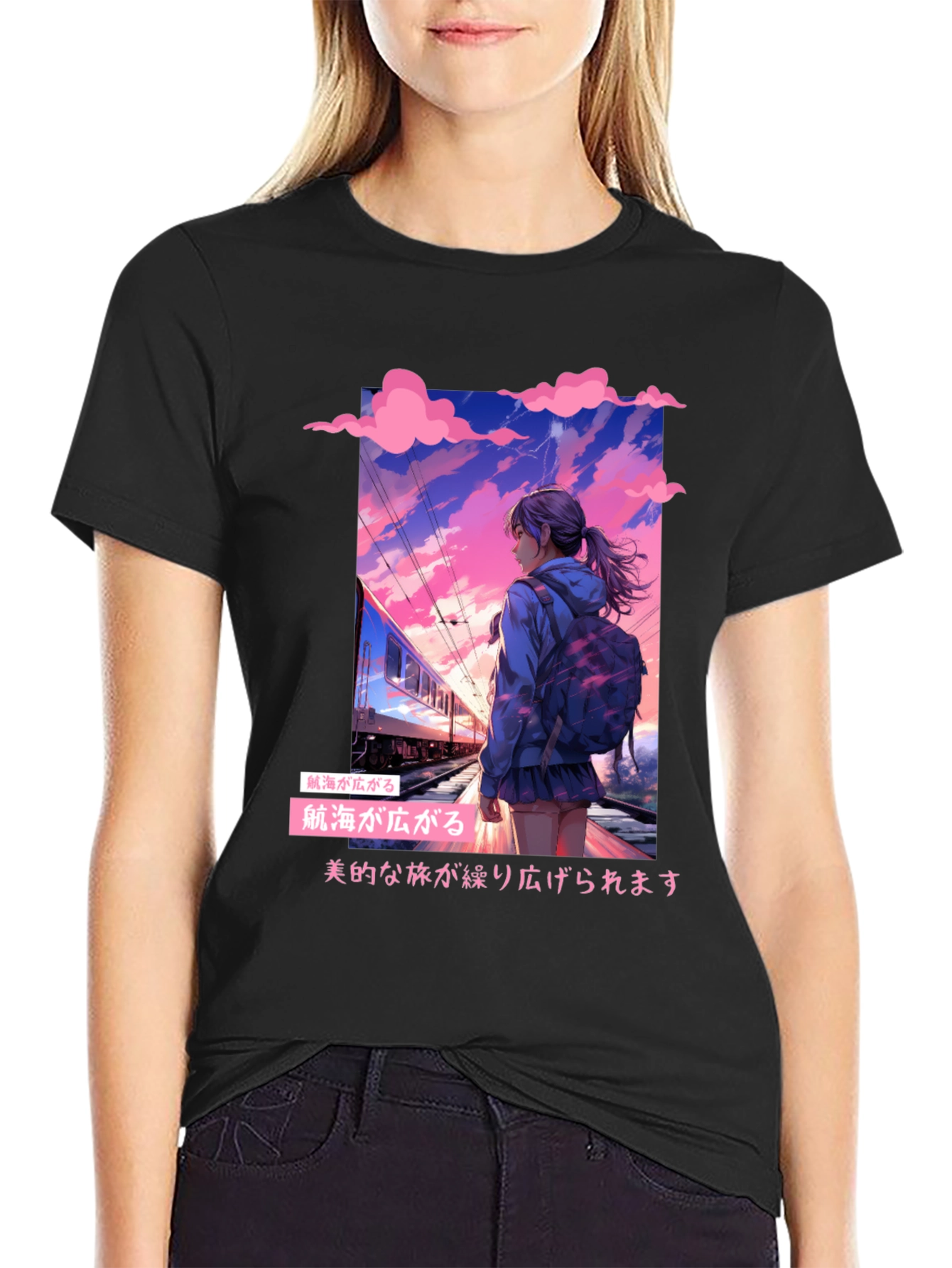 Anime Girl at Train Station Graphic Tee