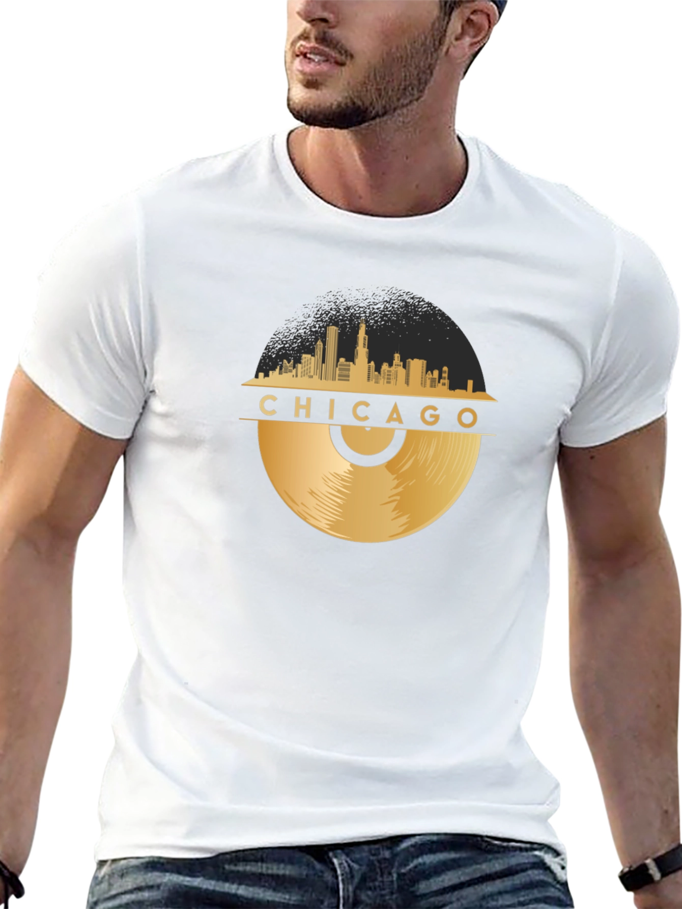 Chicago Skyline Vinyl Record Graphic T-Shirt