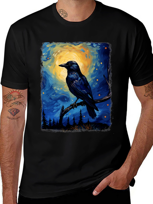 Raven Night Sky Graphic Tee - Mens Black Cotton T-Shirt