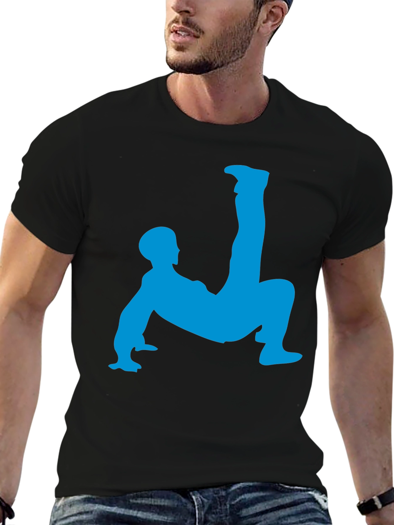 Unique Black T-Shirt with Blue Acrobat Design
