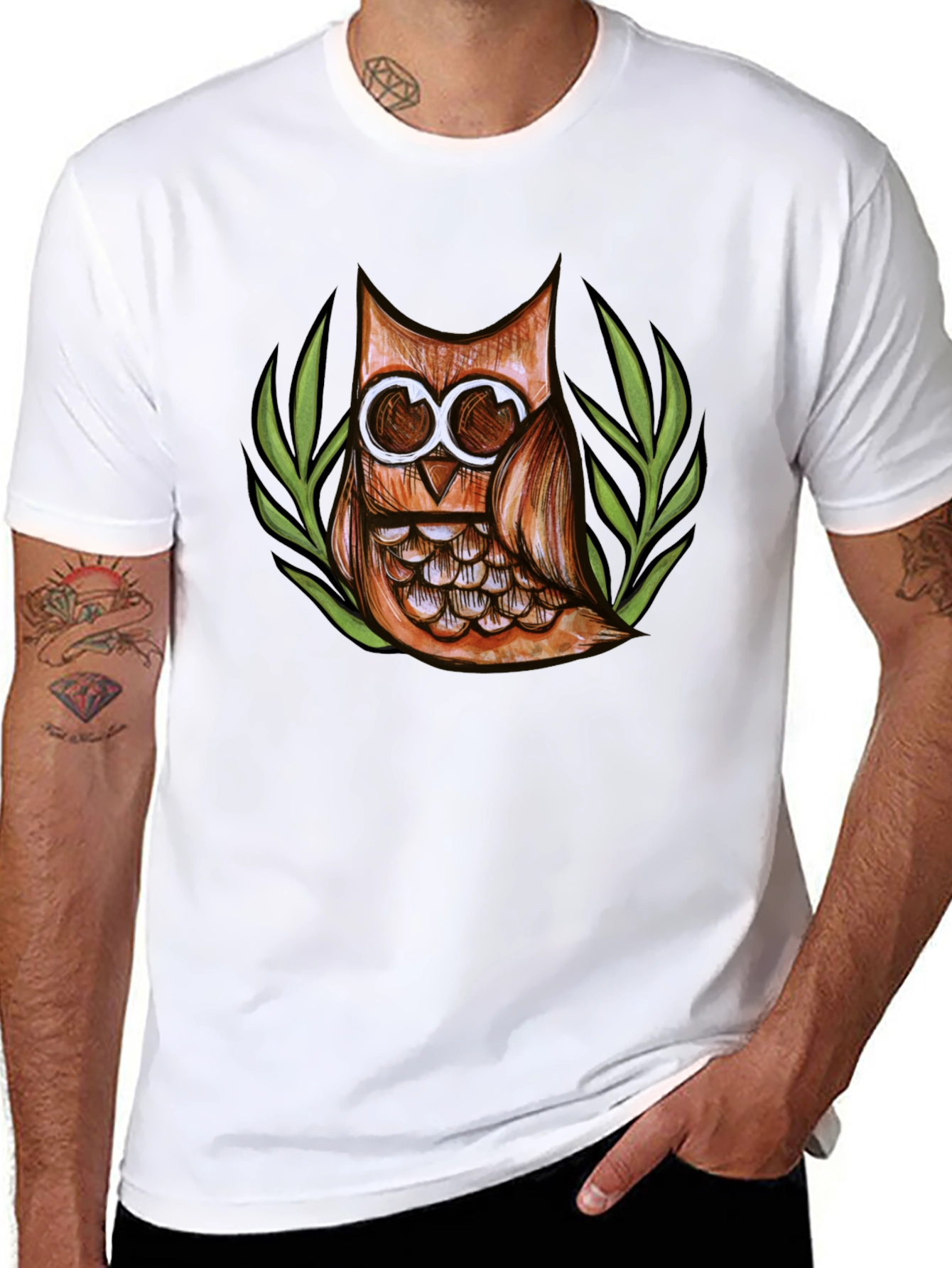 Owl Graphic Print Crew Neck Mens T-Shirt