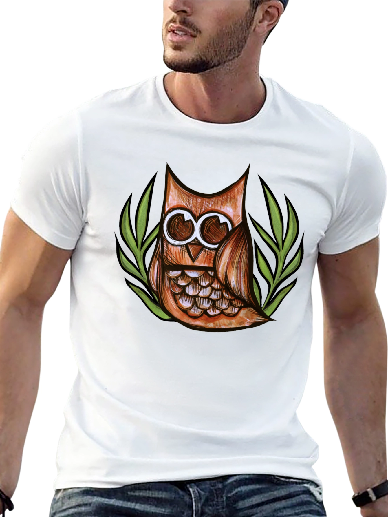 Owl Graphic Print Crew Neck Mens T-Shirt