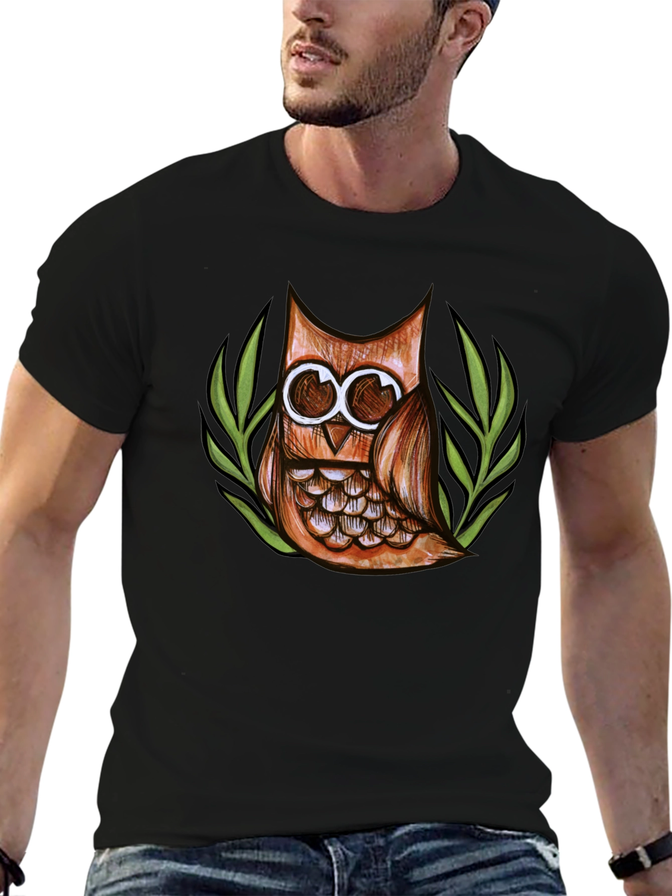 Owl Graphic Print Crew Neck Mens T-Shirt