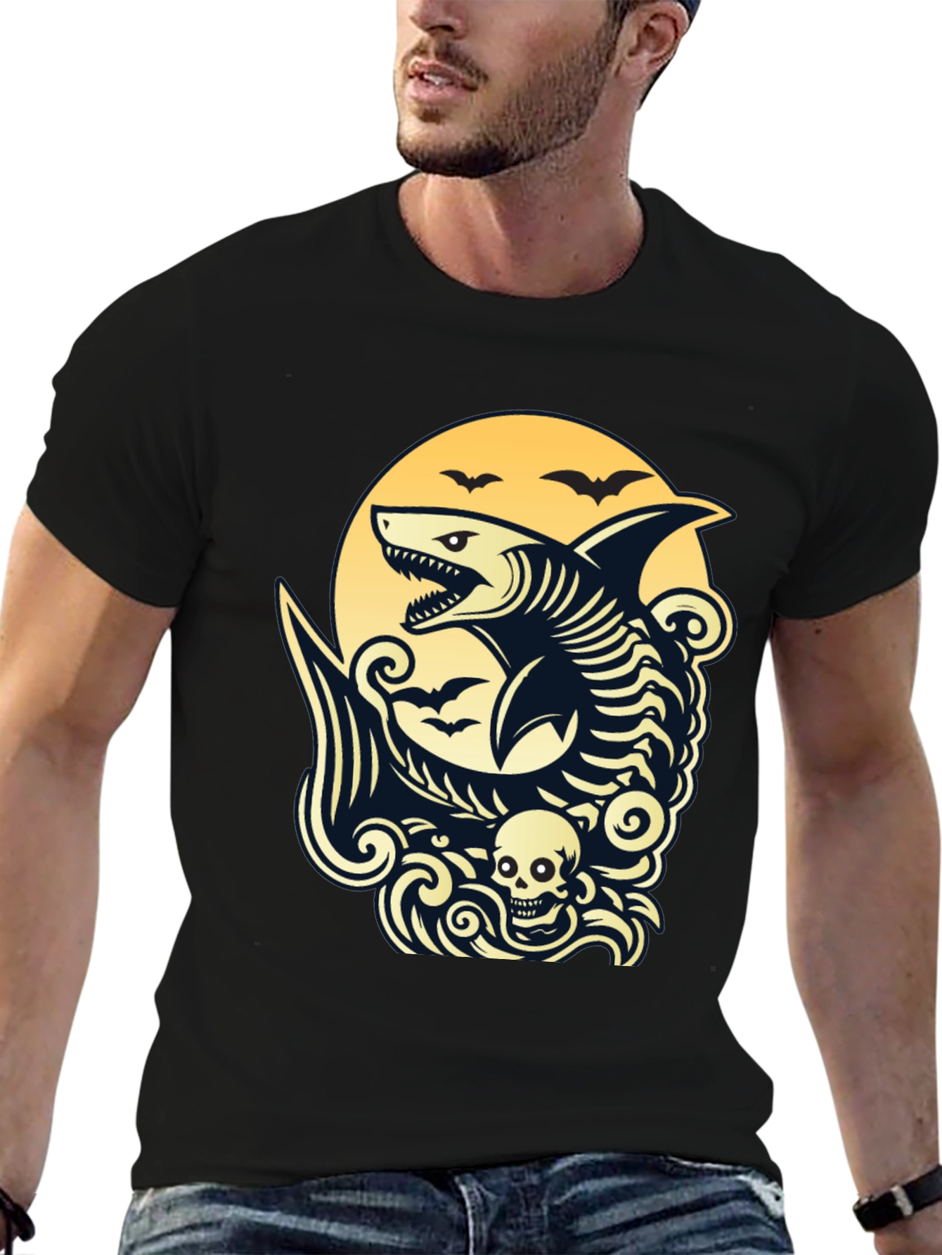 Shark Skeleton Black Graphic T-Shirt