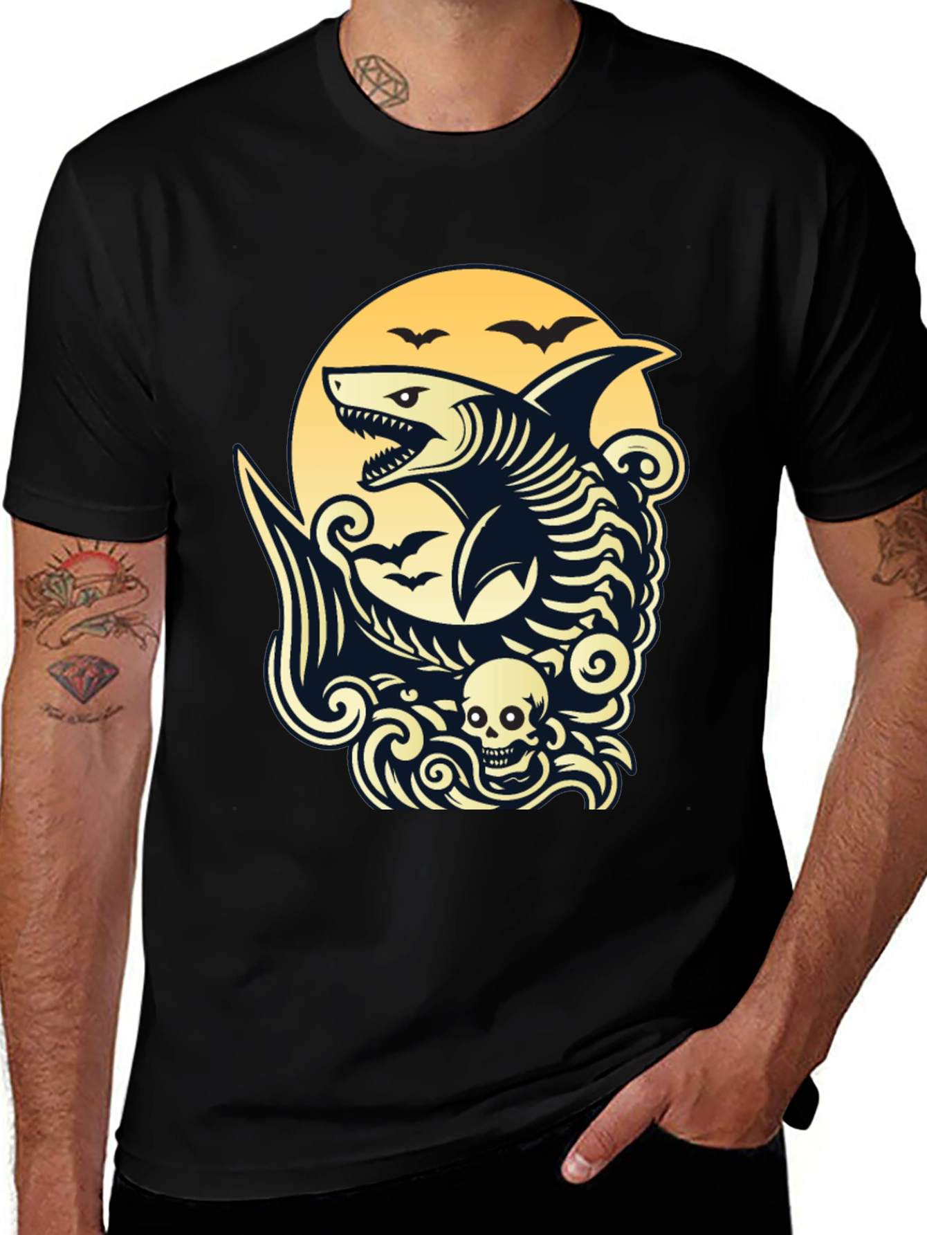 Shark Skeleton Black Graphic T-Shirt