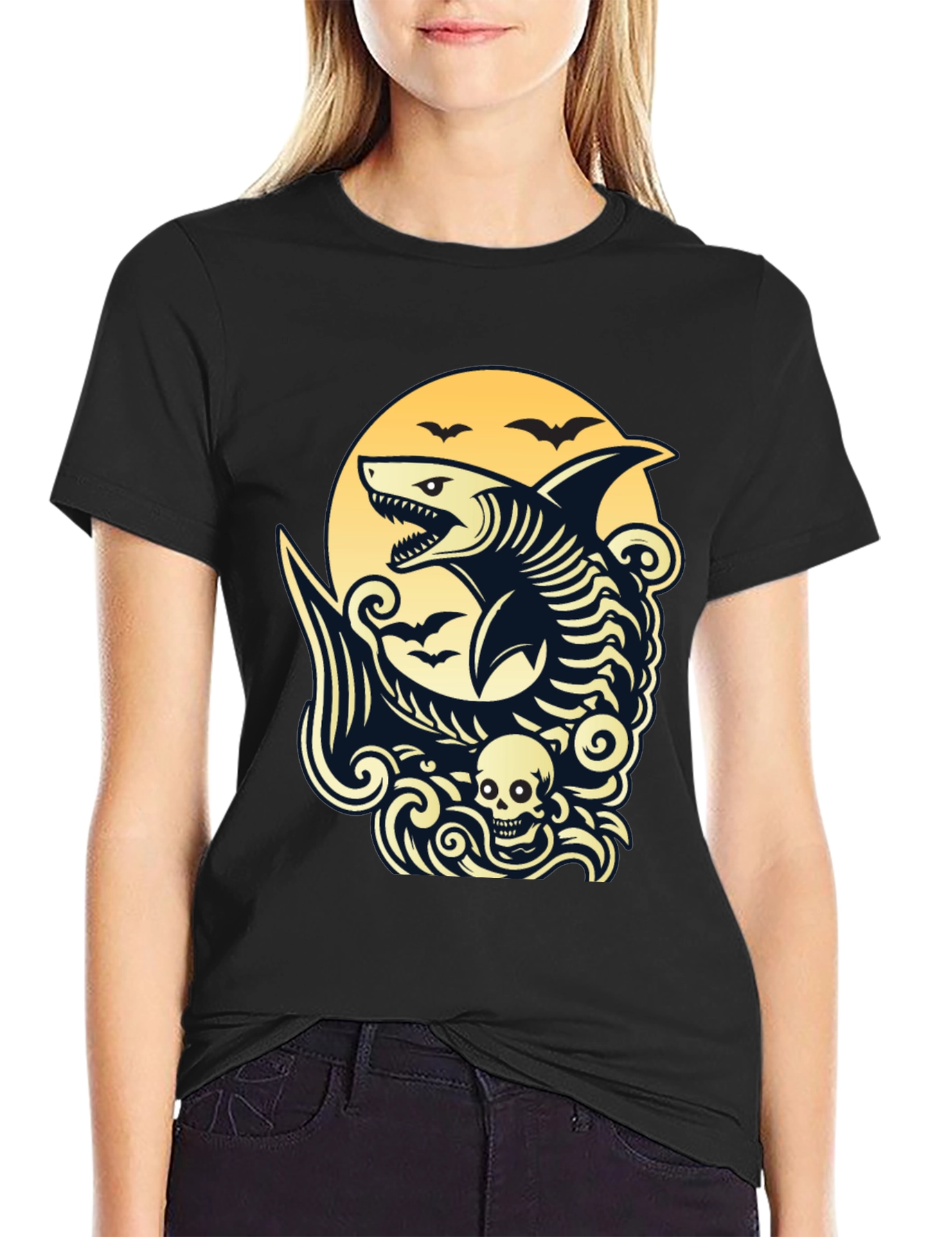 Shark Skeleton Black Graphic T-Shirt