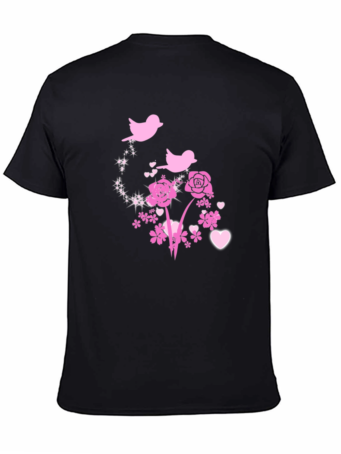 Floral Birds Graphic Tee - Black Cotton Blend