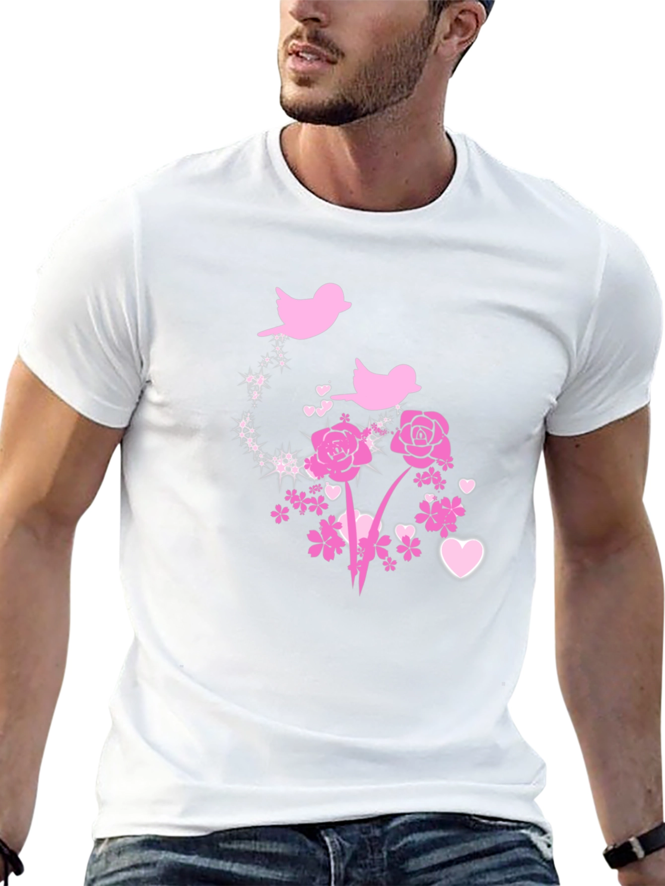 Floral Birds Graphic Tee - Black Cotton Blend