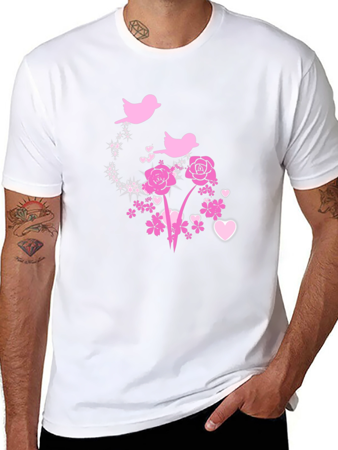 Floral Birds Graphic Tee - Black Cotton Blend