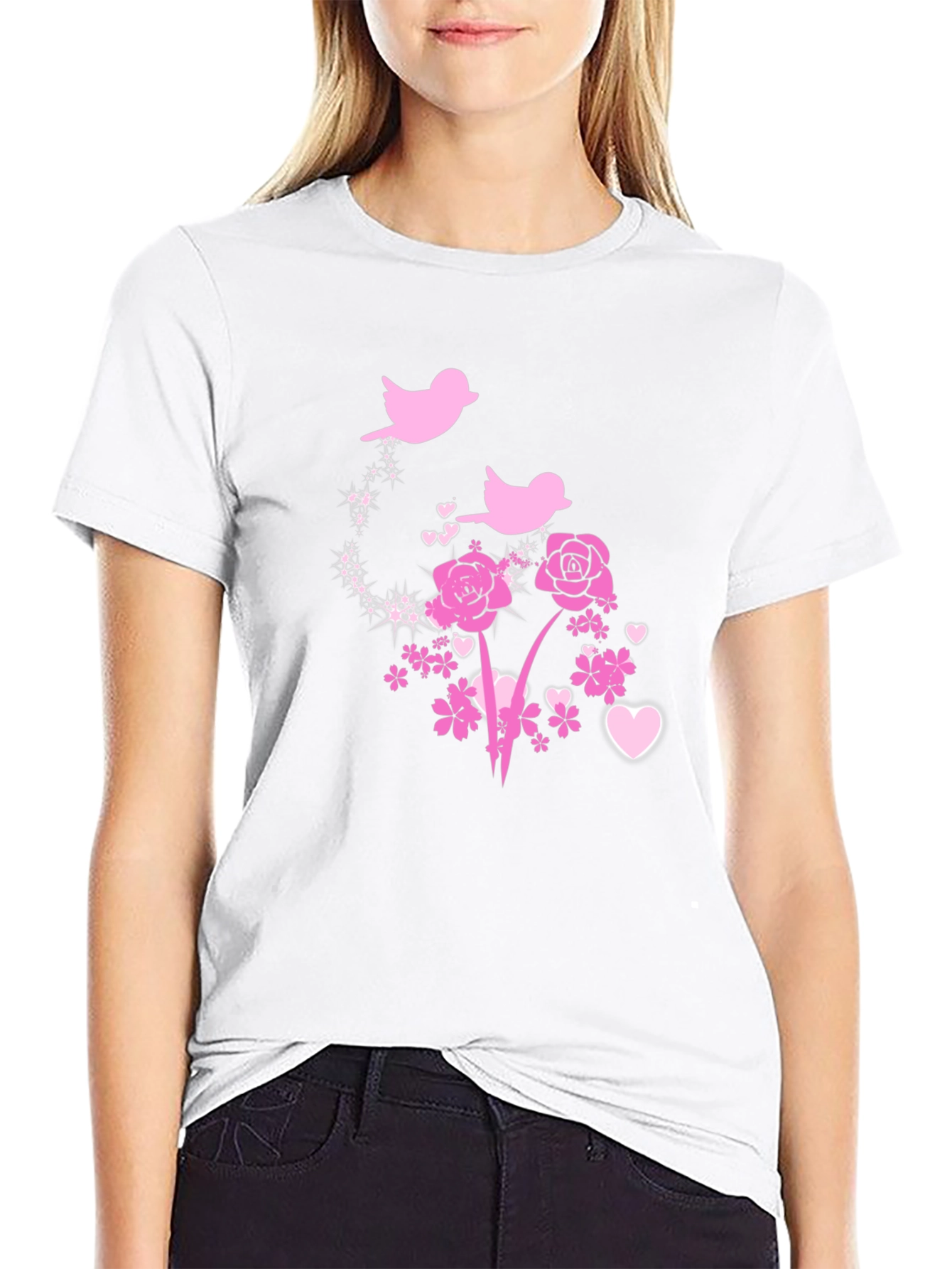 Floral Birds Graphic Tee - Black Cotton Blend