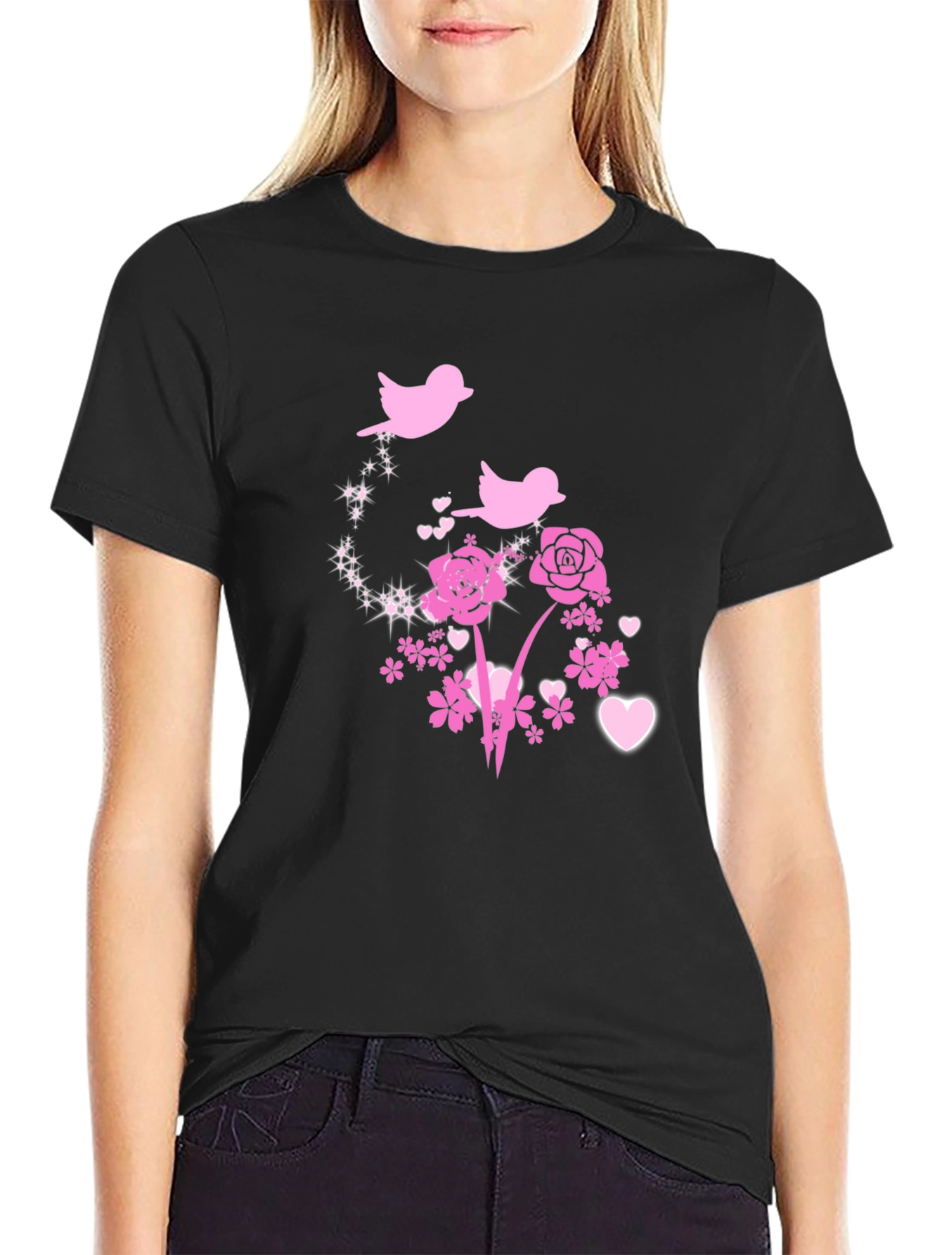 Floral Birds Graphic Tee - Black Cotton Blend