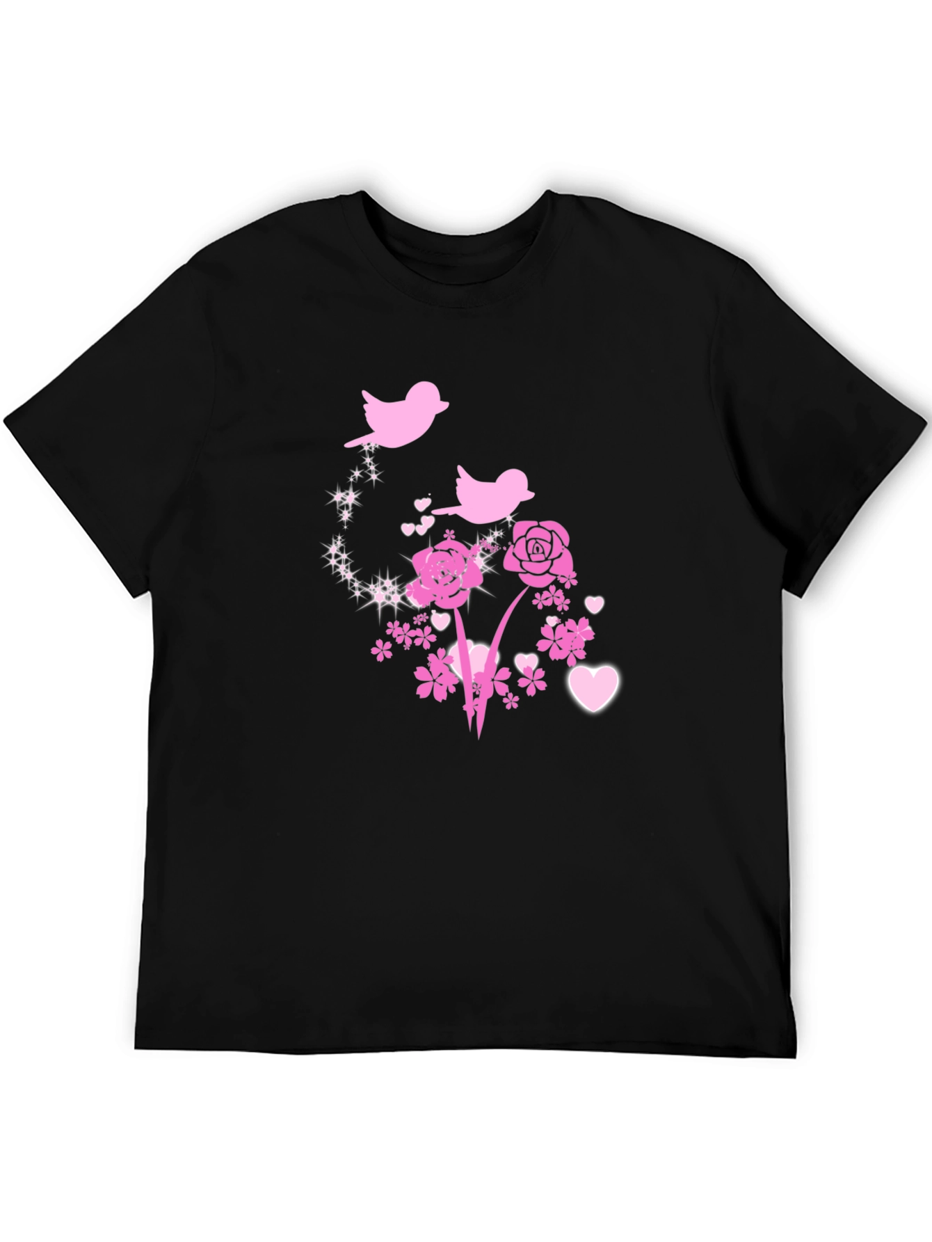 Floral Birds Graphic Tee - Black Cotton Blend
