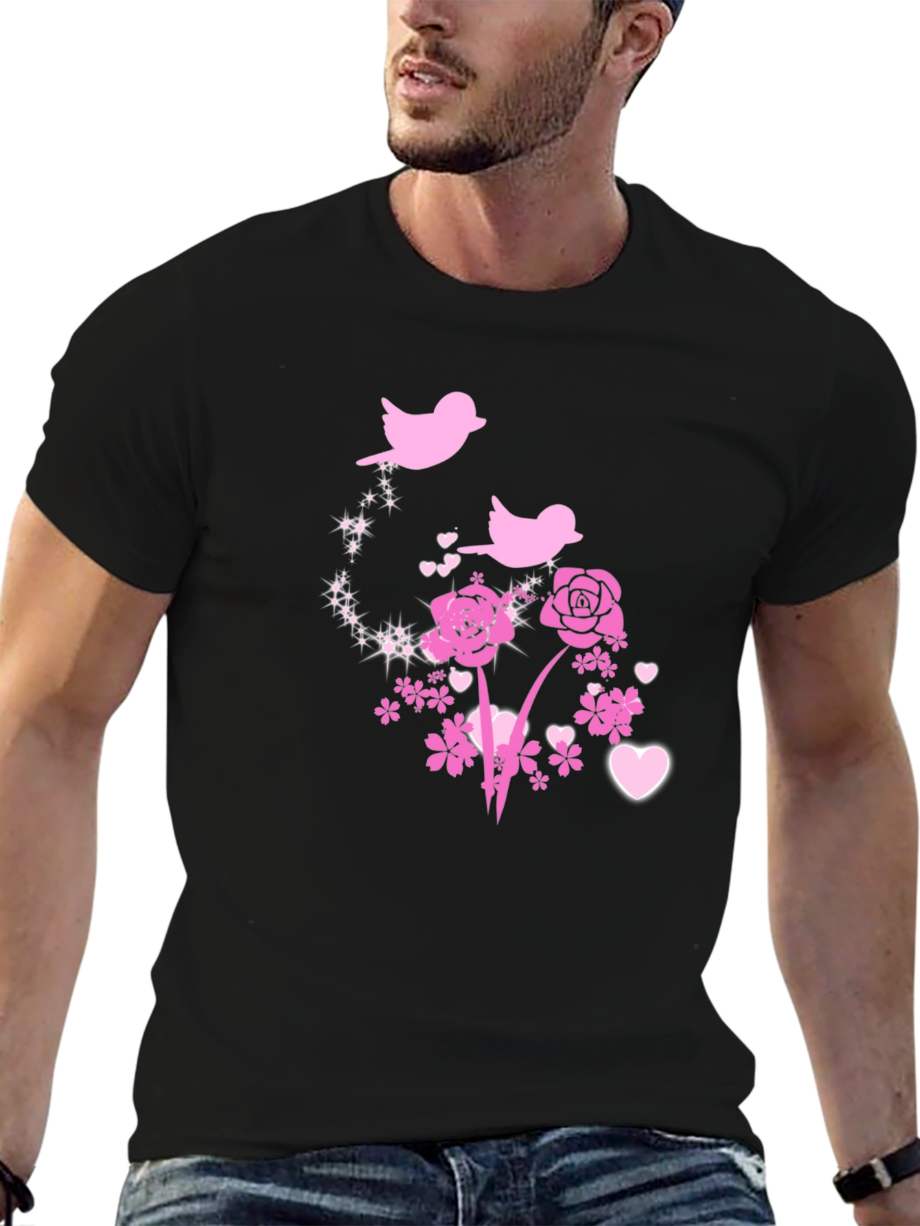 Floral Birds Graphic Tee - Black Cotton Blend