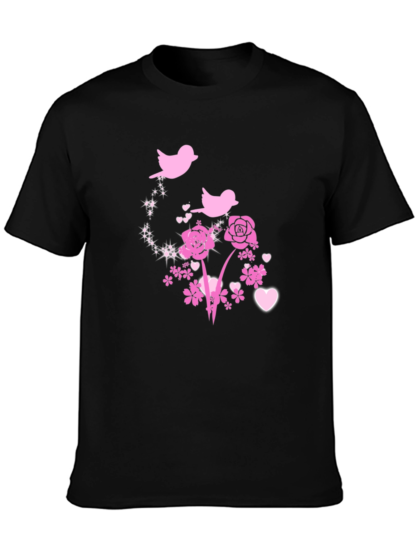 Floral Birds Graphic Tee - Black Cotton Blend
