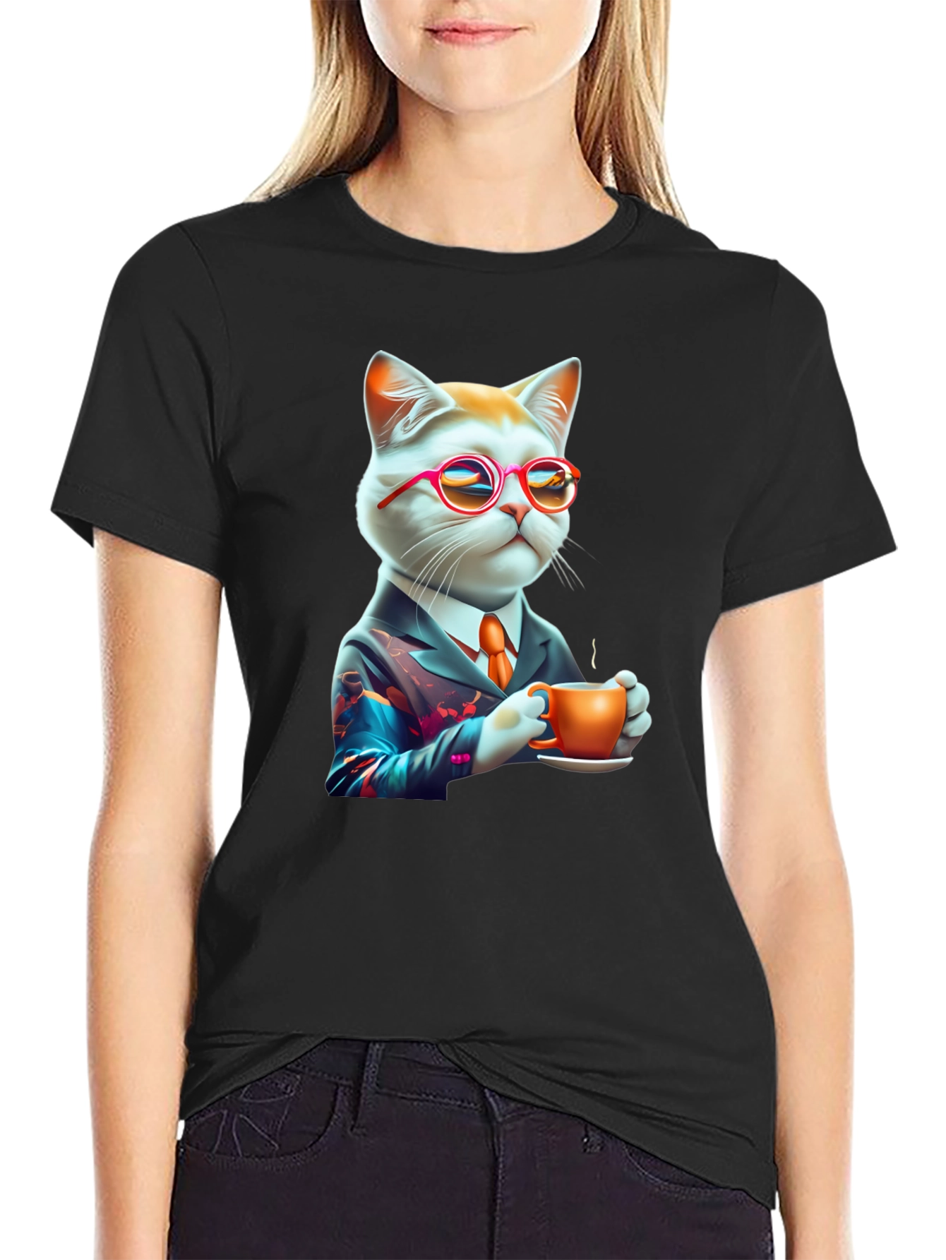 Cool Cat T-Shirt - Cat with Coffee