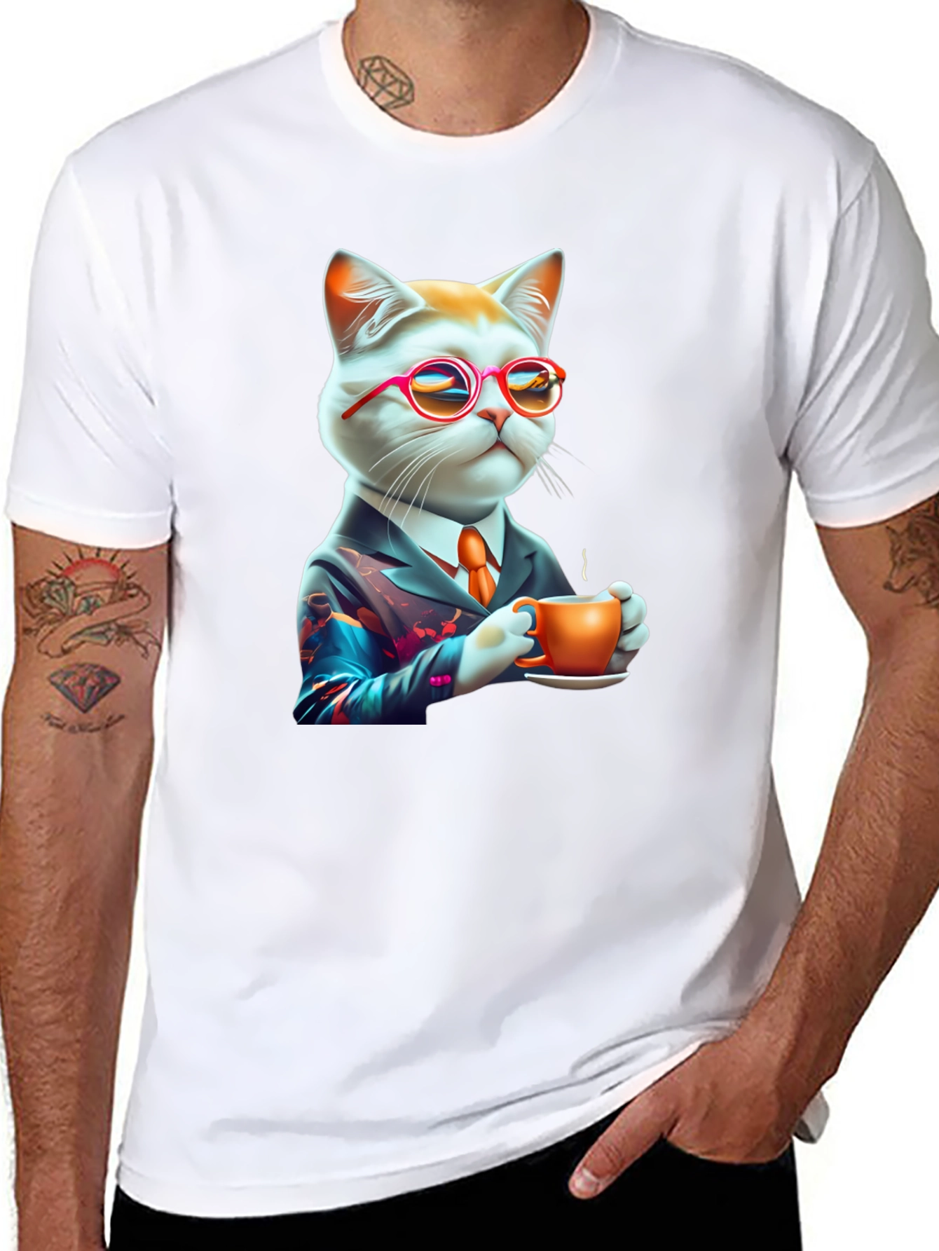 Cool Cat T-Shirt - Cat with Coffee