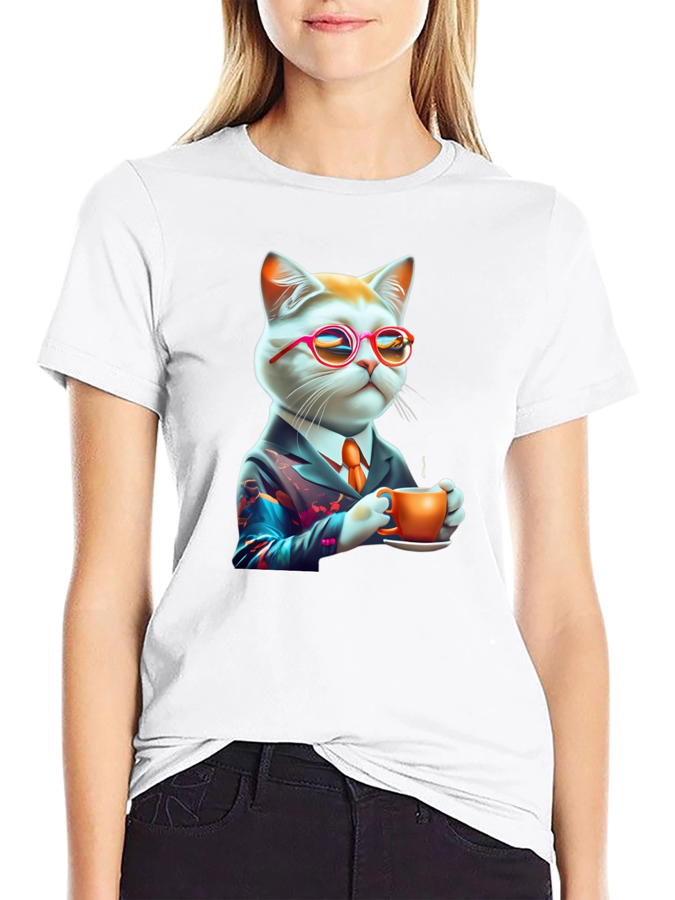 Cool Cat T-Shirt - Cat with Coffee