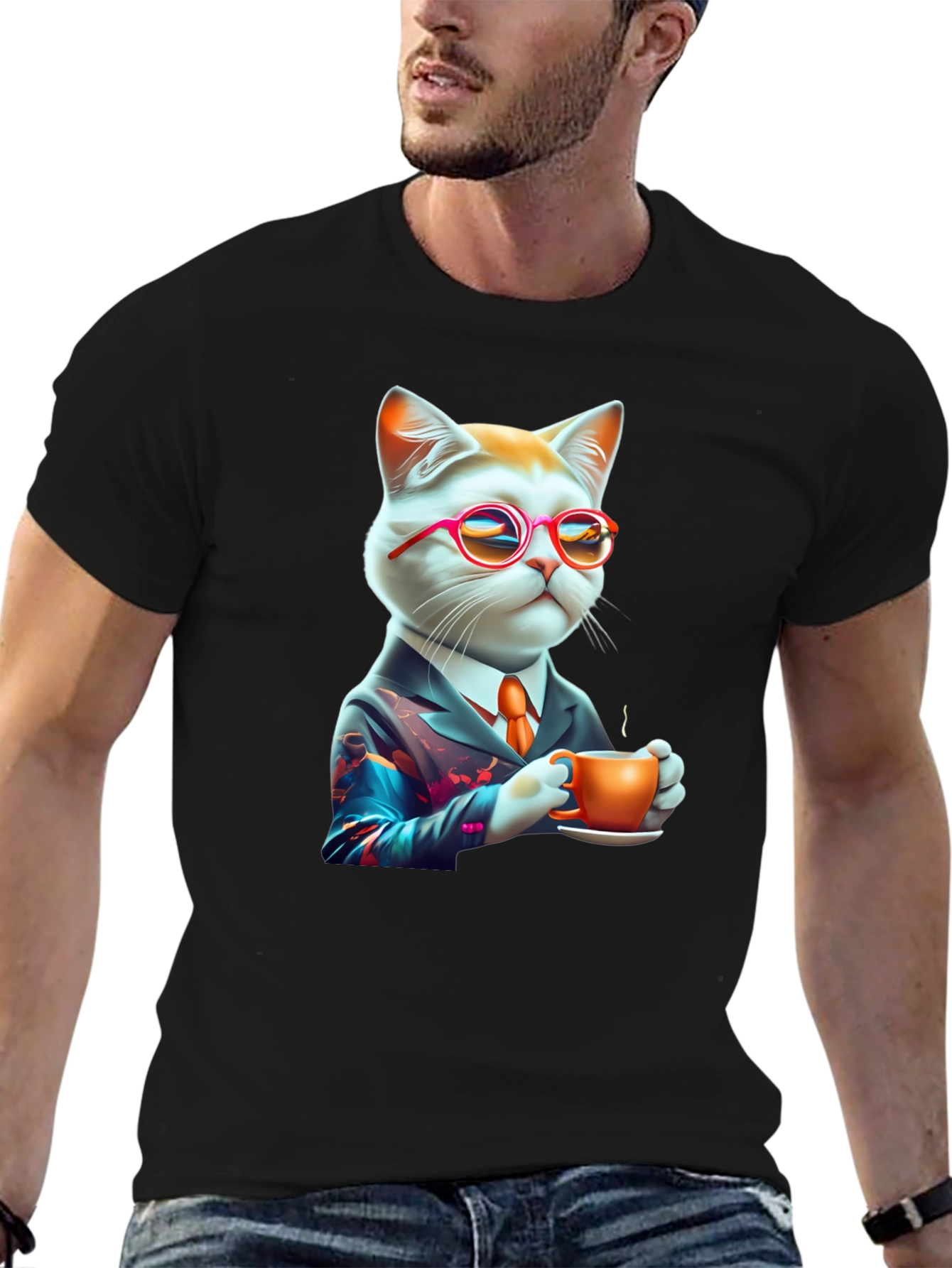 Cool Cat T-Shirt - Cat with Coffee