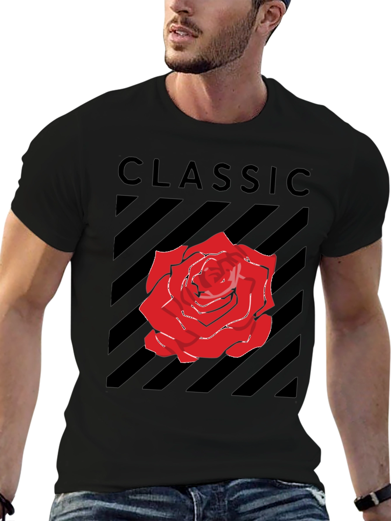 Classic Rose Graphic Tee - Black Cotton T-Shirt