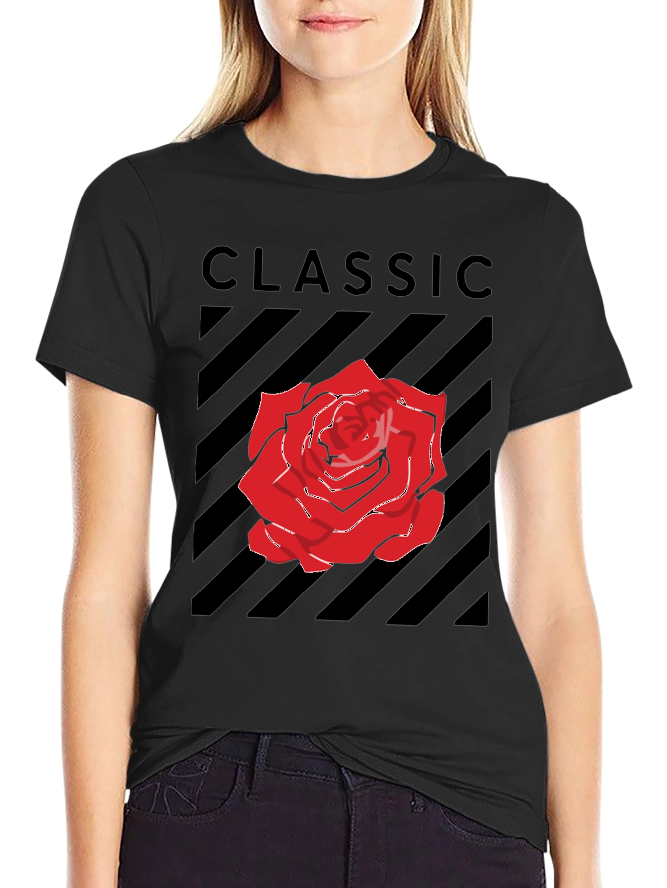 Classic Rose Graphic Tee - Black Cotton T-Shirt