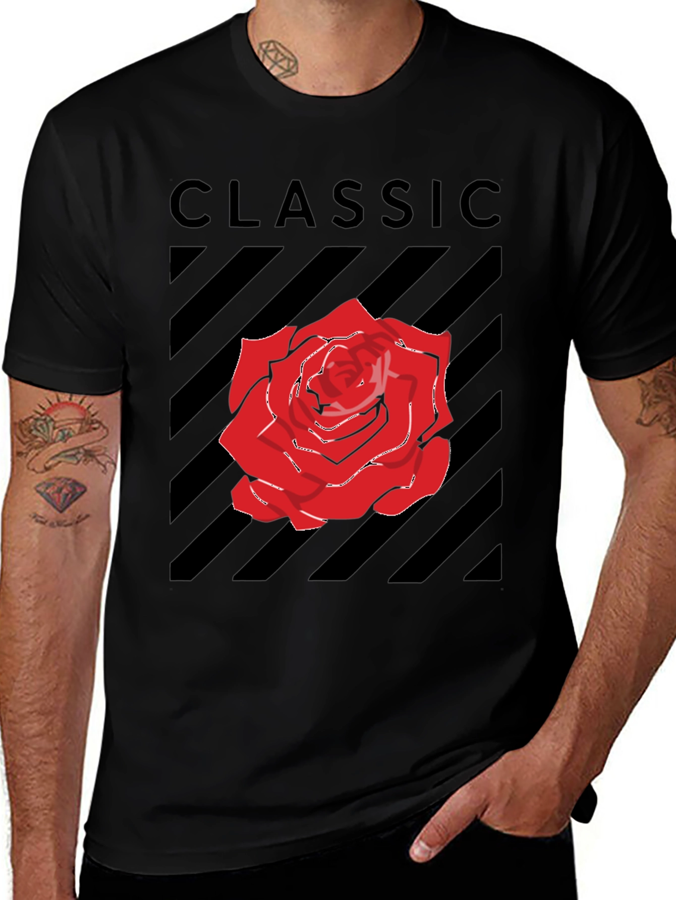 Classic Rose Graphic Tee - Black Cotton T-Shirt