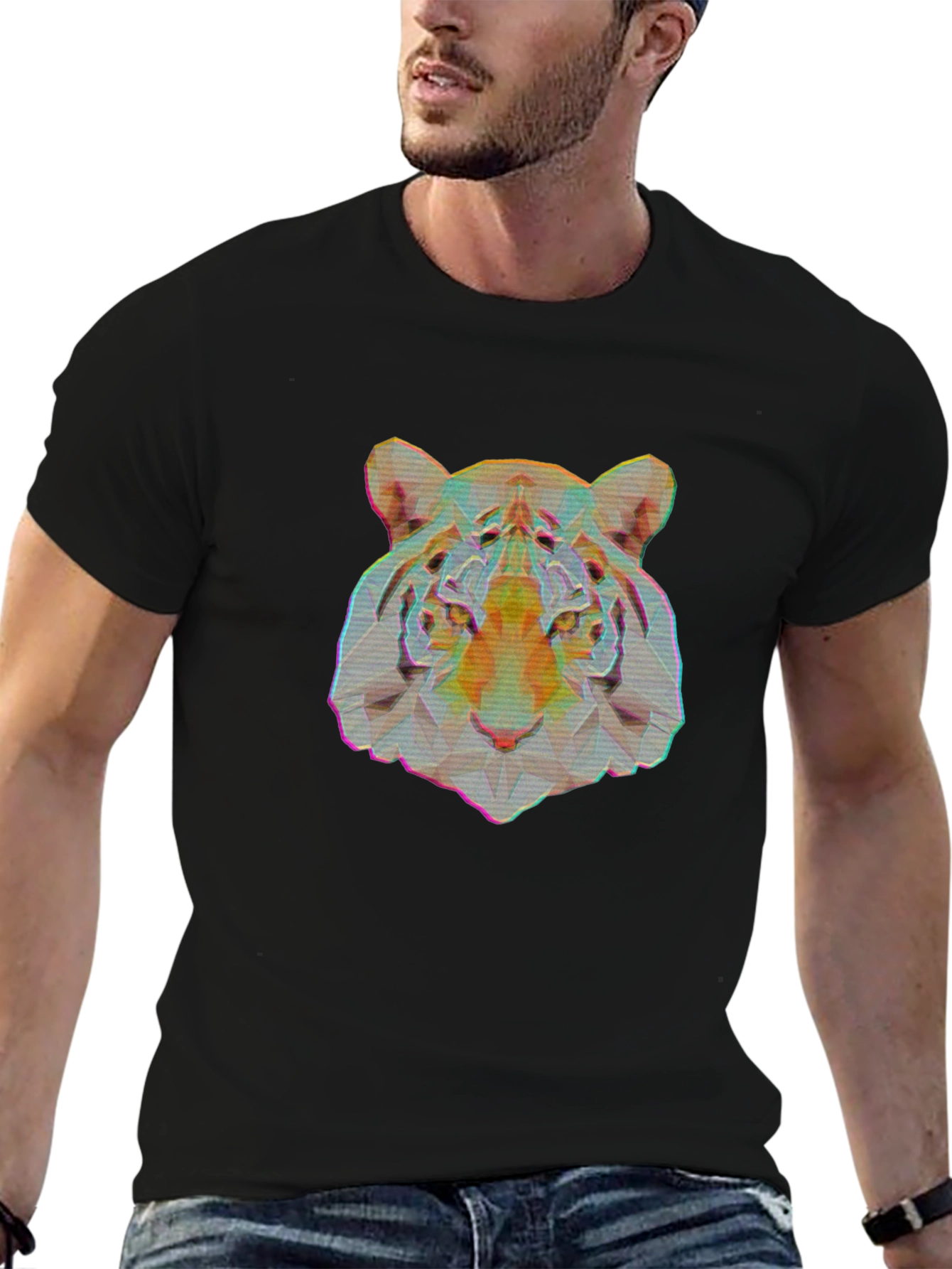 Geometric Tiger Graphic Print Black T-Shirt