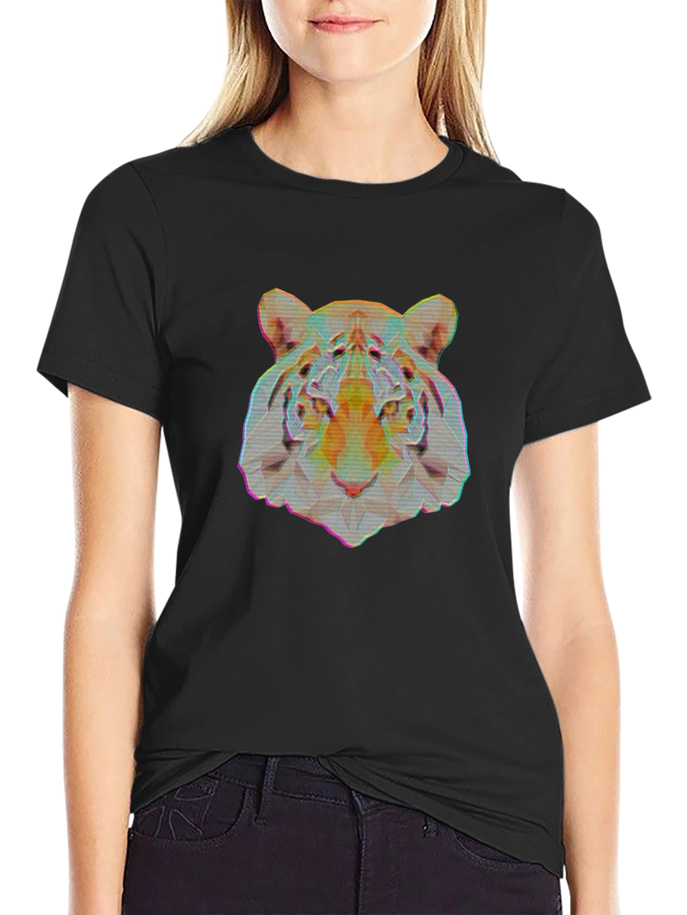 Geometric Tiger Graphic Print Black T-Shirt