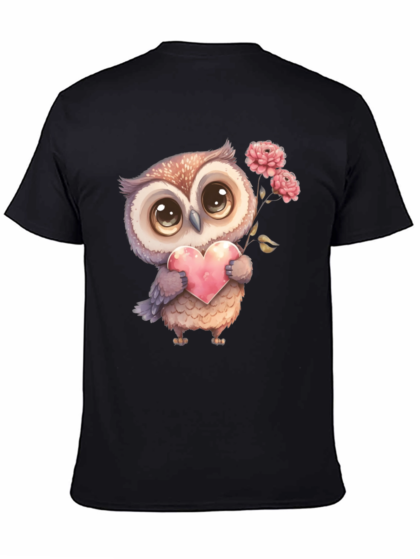 Cute Owl with Heart Graphic Tee - Black