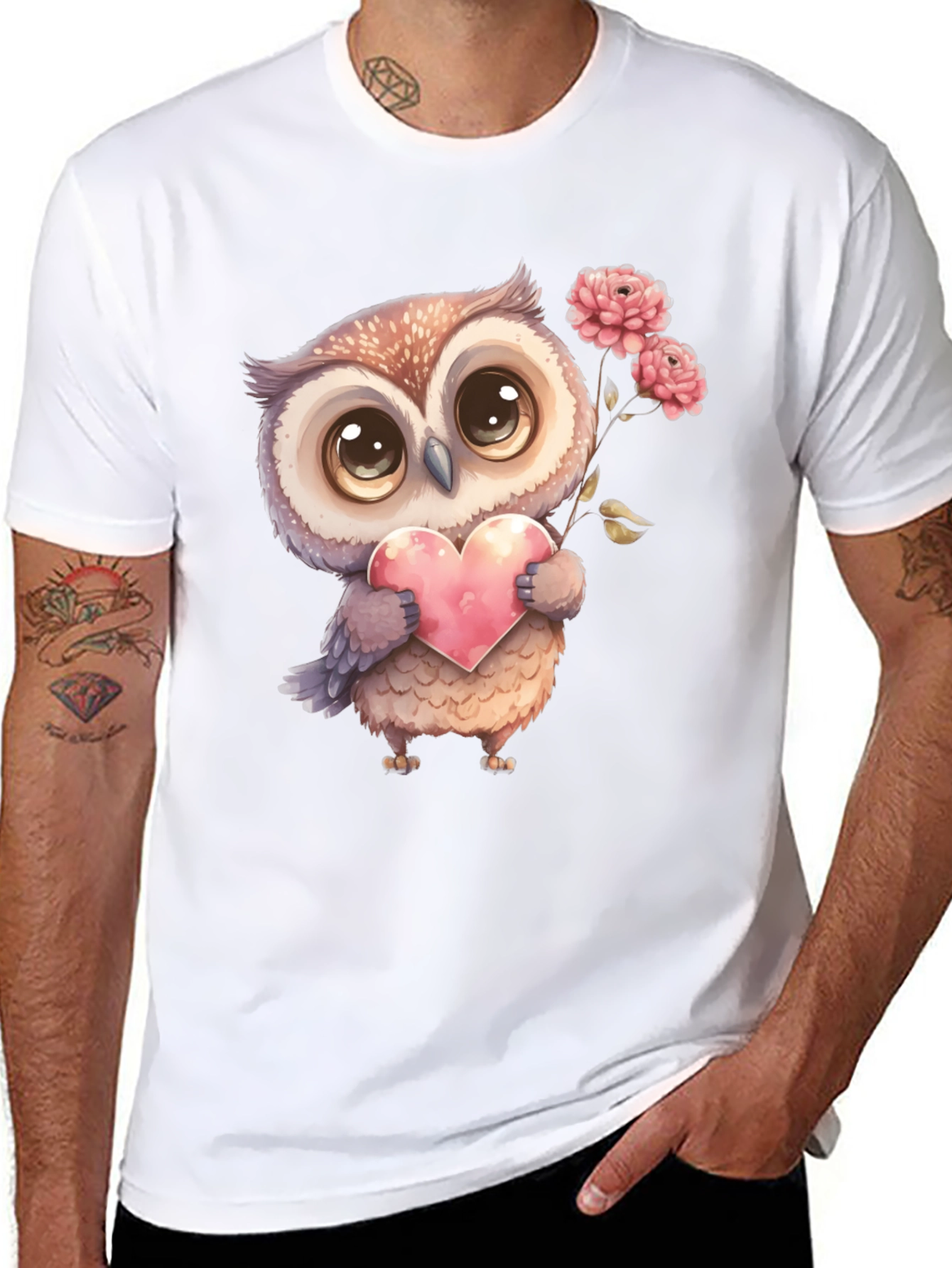 Cute Owl with Heart Graphic Tee - Black