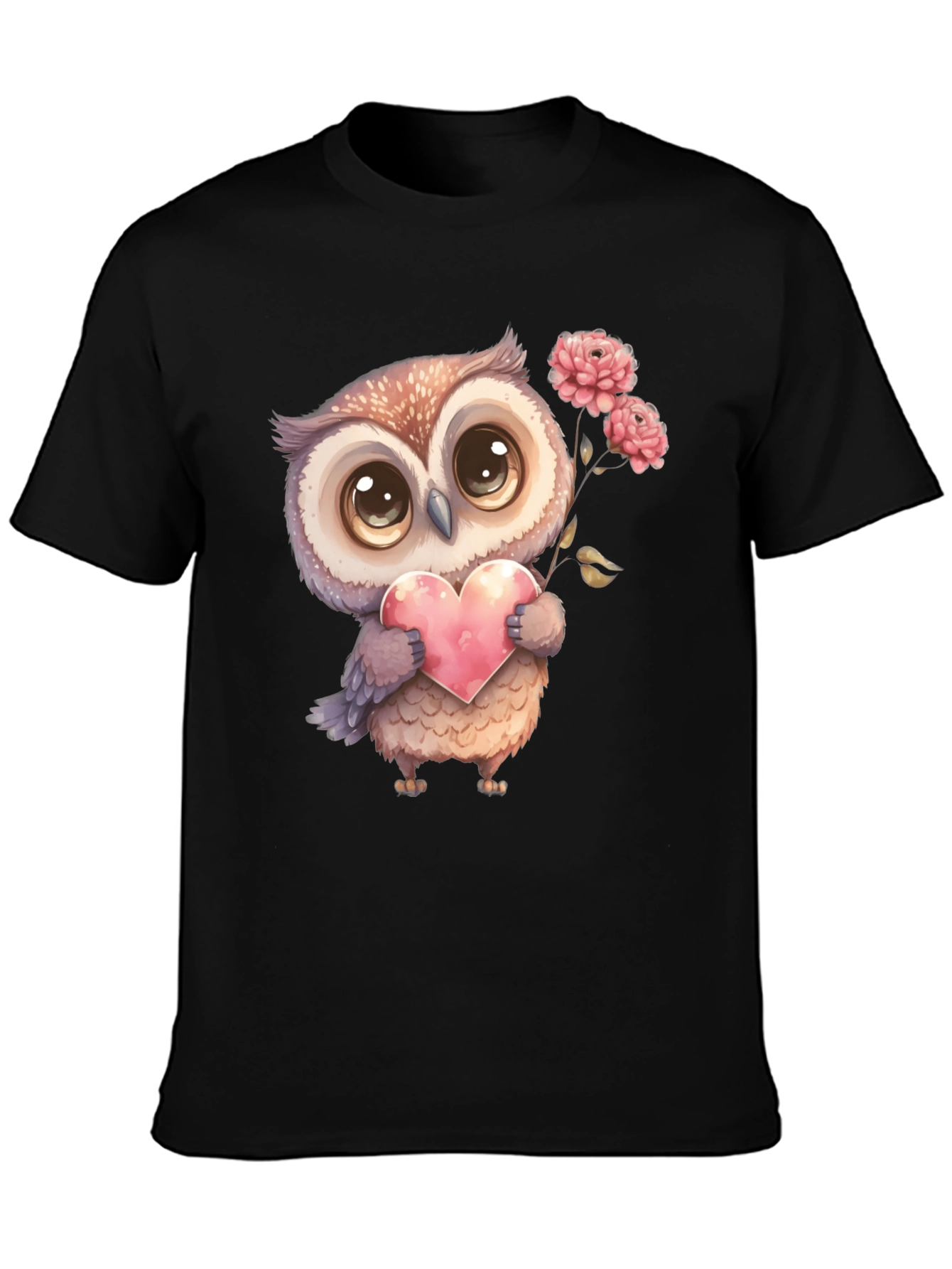 Cute Owl with Heart Graphic Tee - Black