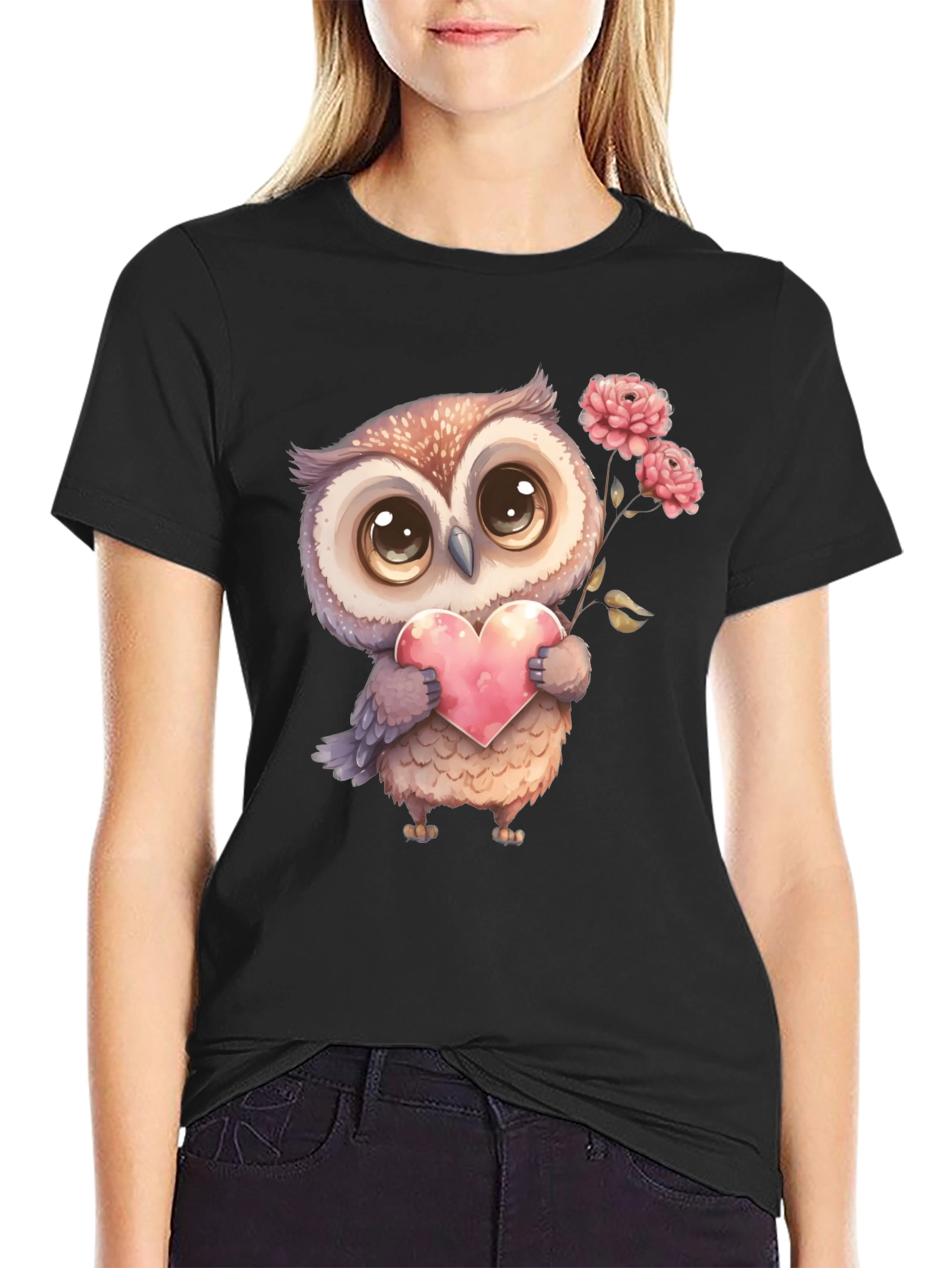 Cute Owl with Heart Graphic Tee - Black