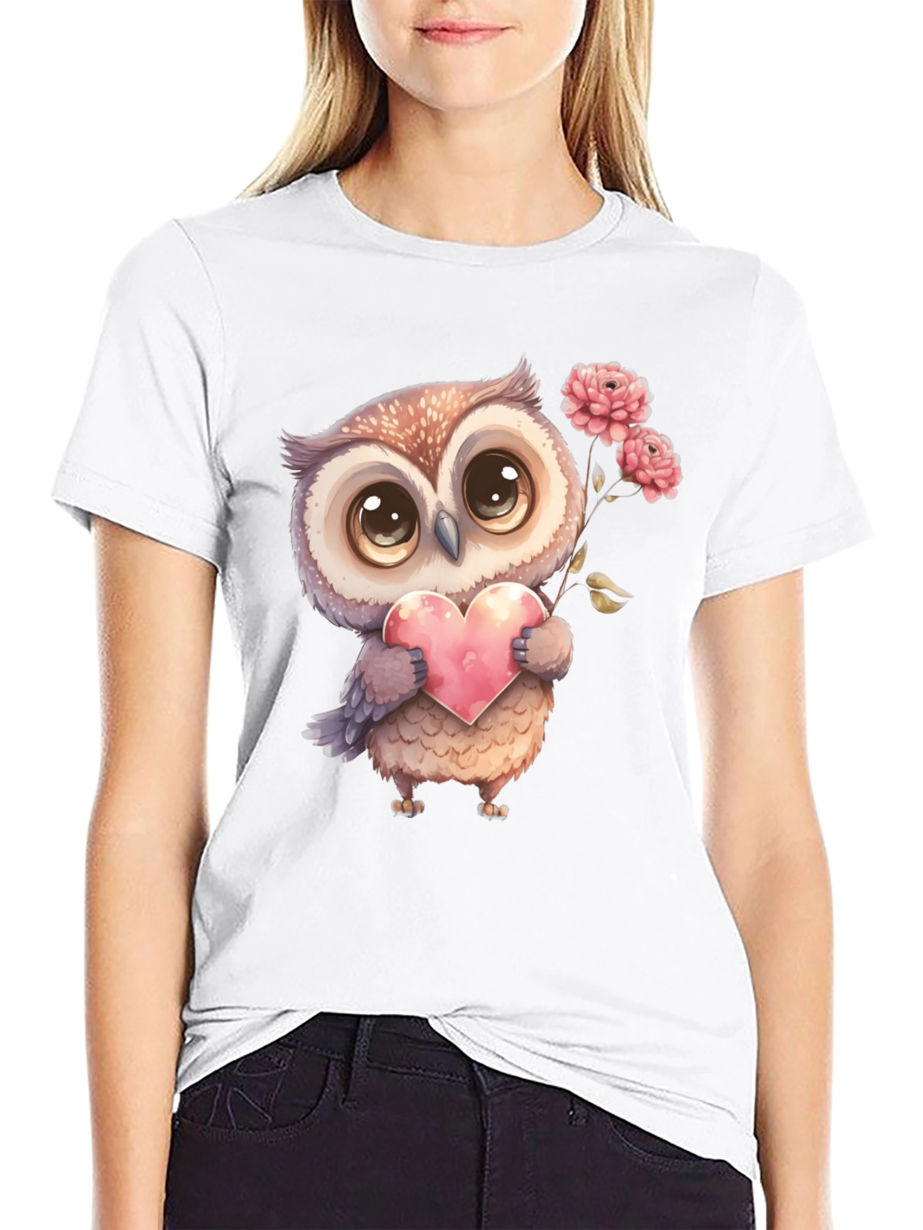 Cute Owl with Heart Graphic Tee - Black