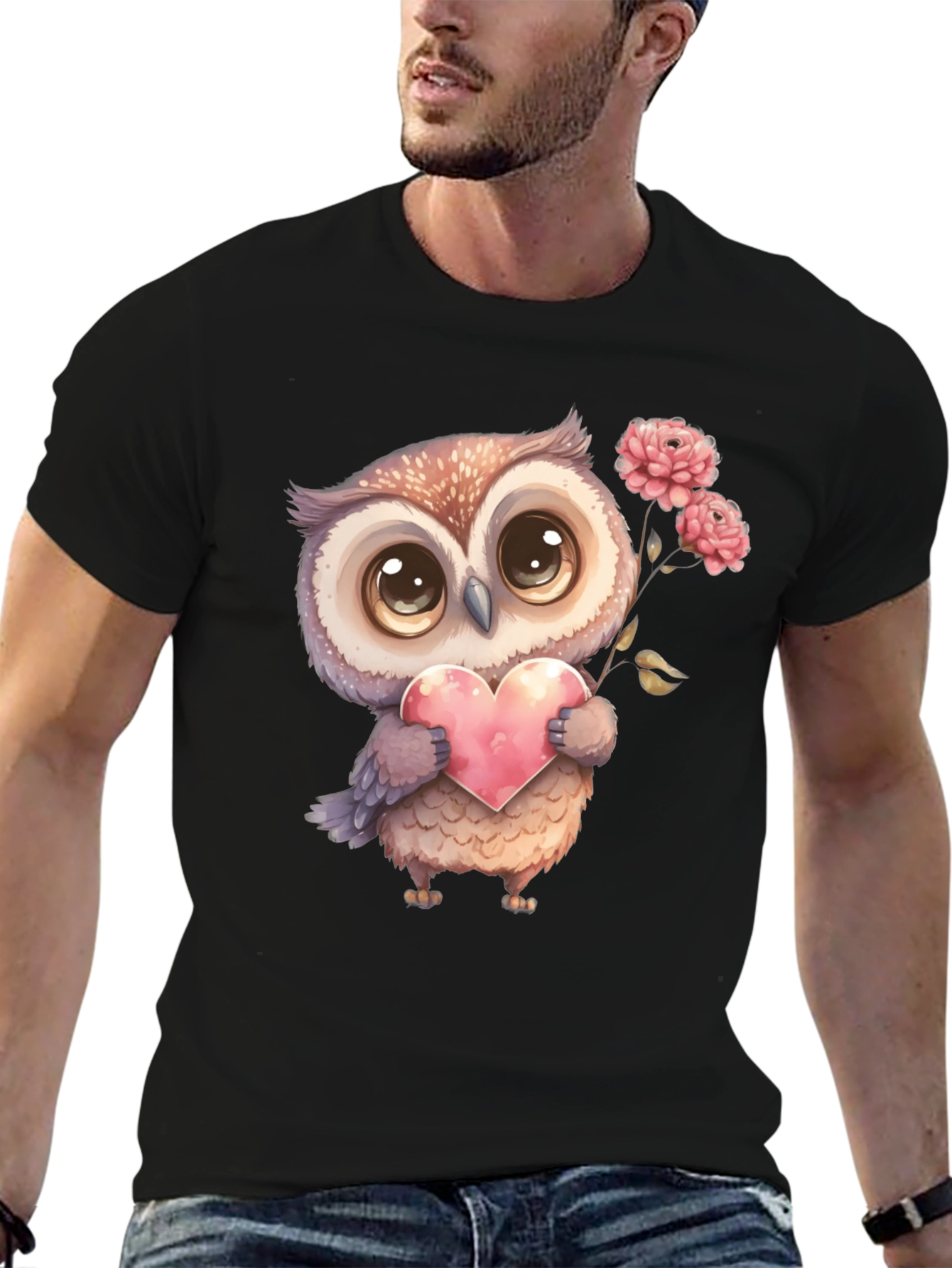 Cute Owl with Heart Graphic Tee - Black