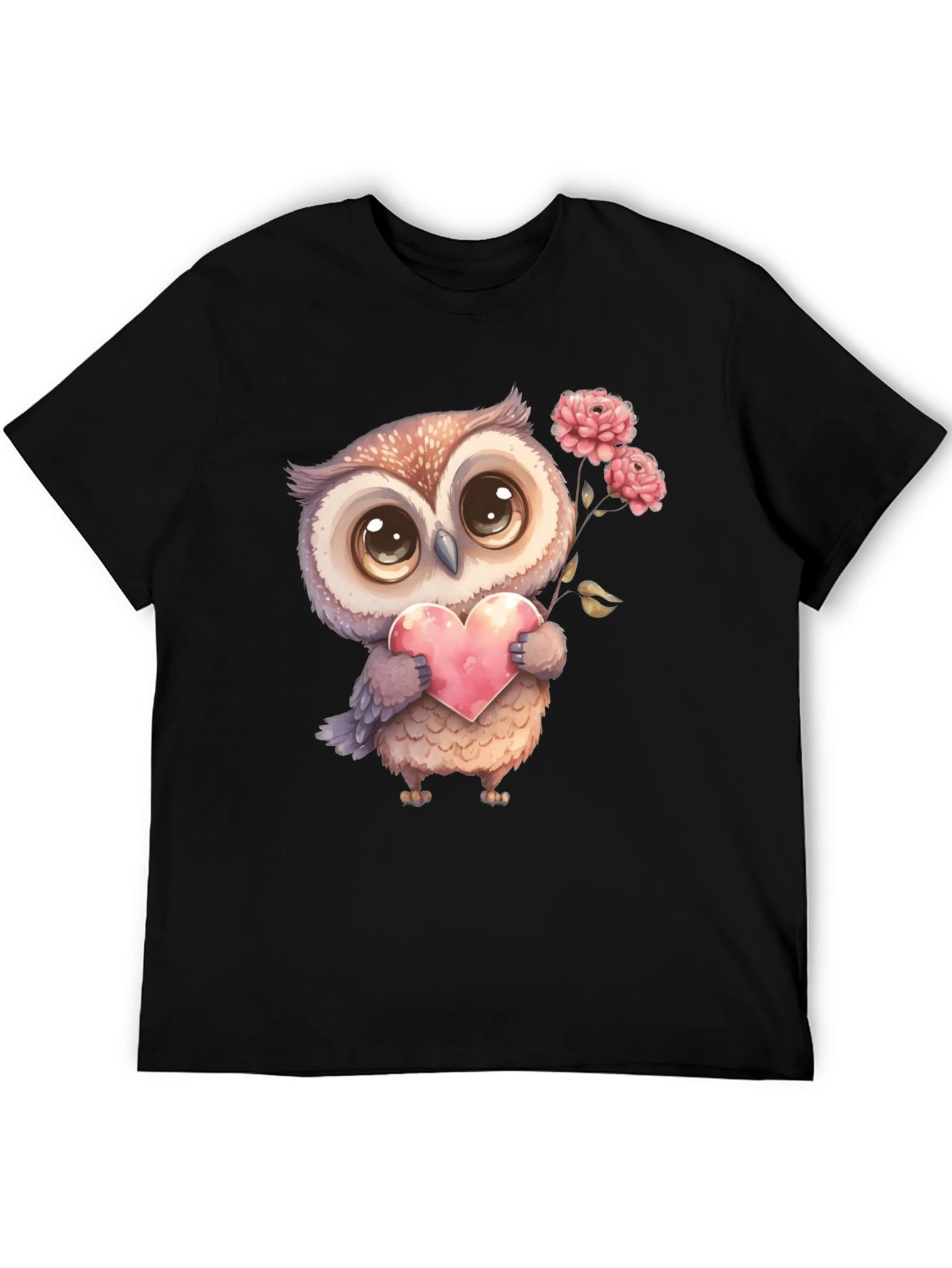 Cute Owl with Heart Graphic Tee - Black