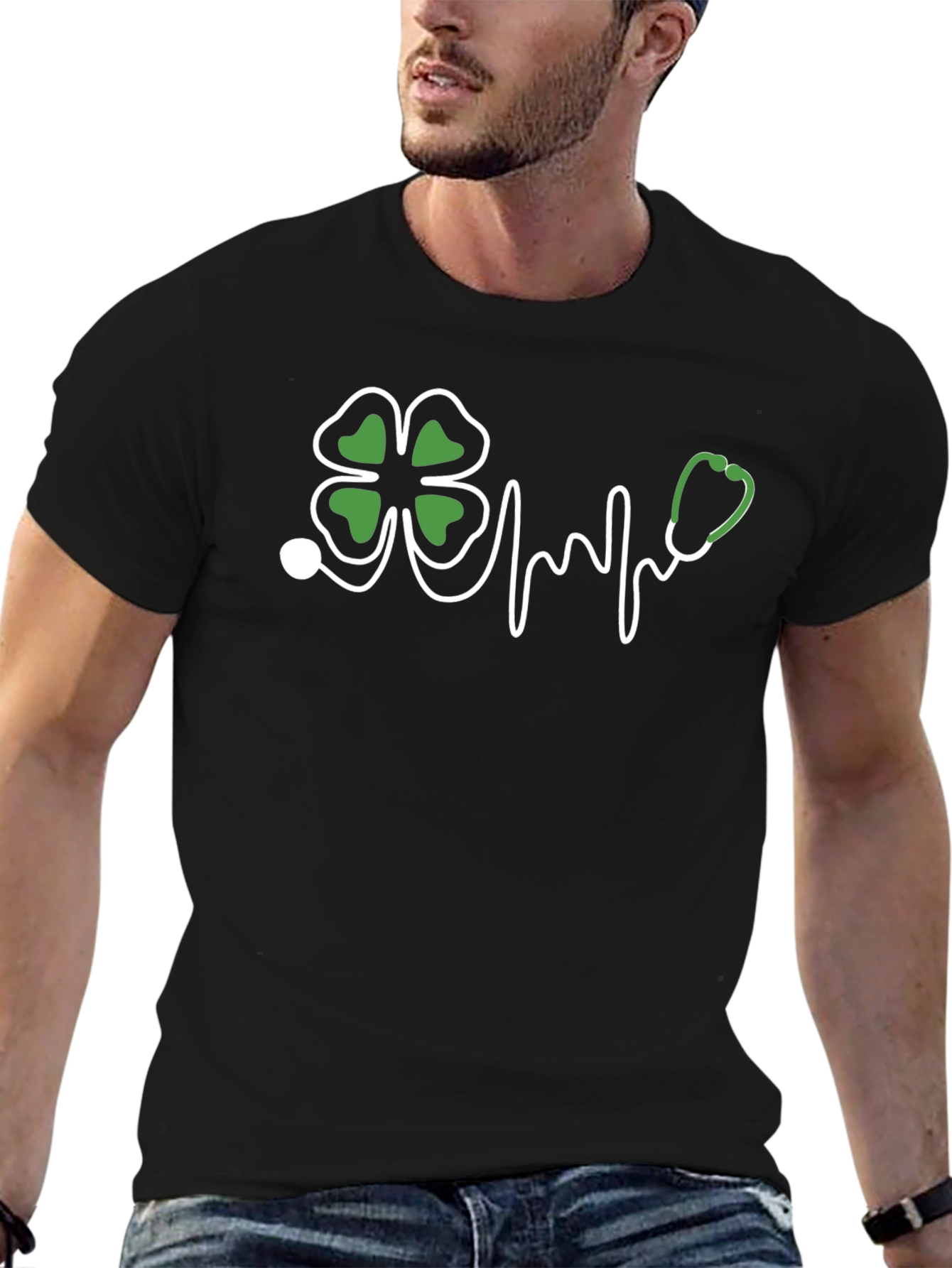 St. Patricks Day Clover Stethoscope Black T-Shirt