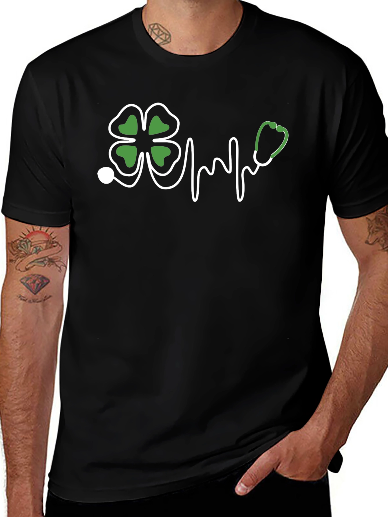 St. Patricks Day Clover Stethoscope Black T-Shirt
