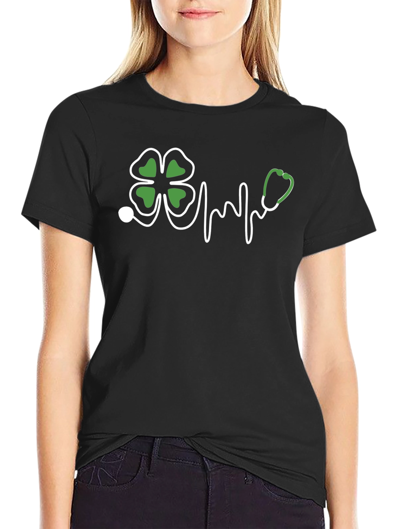 St. Patricks Day Clover Stethoscope Black T-Shirt