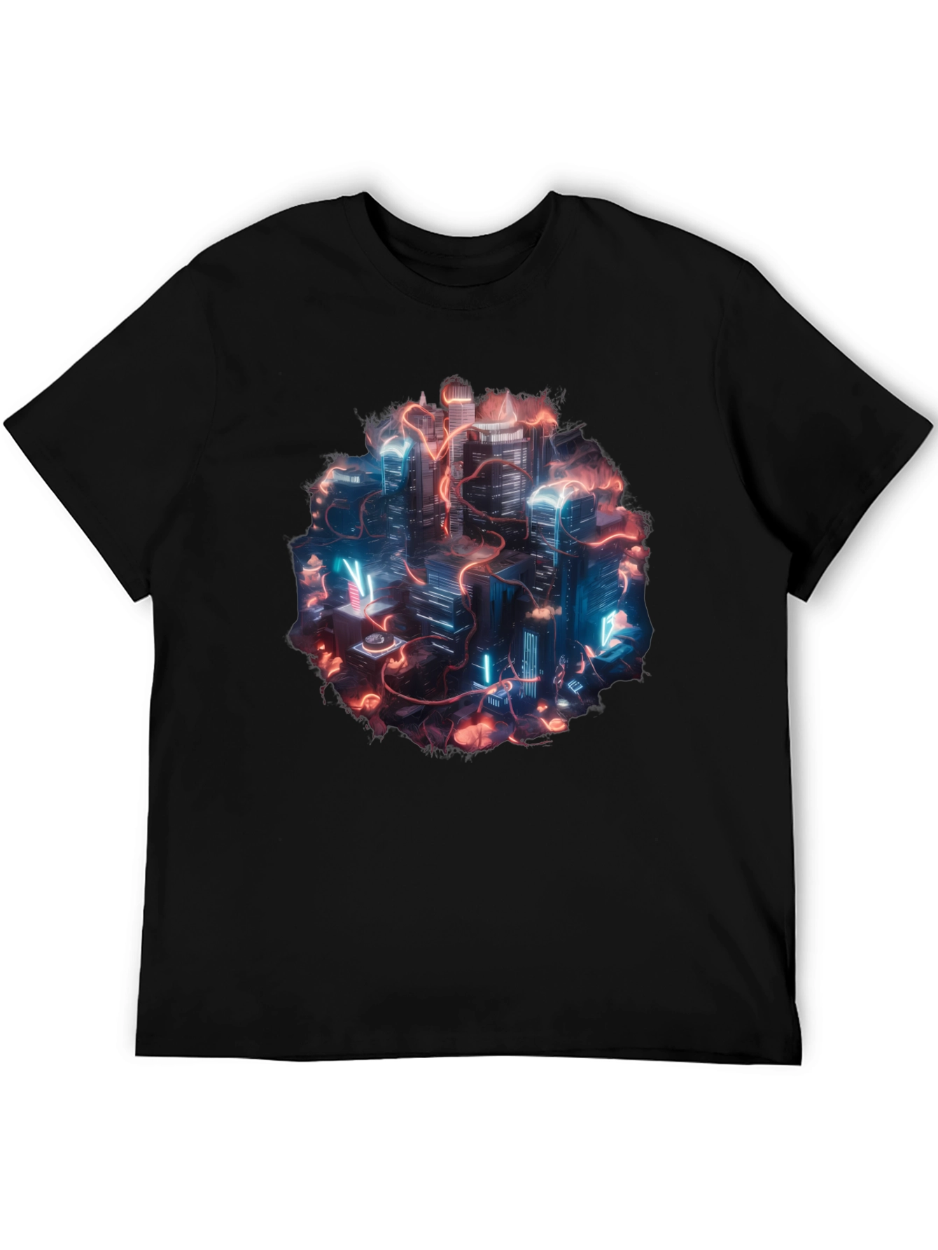 Neon Cityscape Graphic Tee - Black