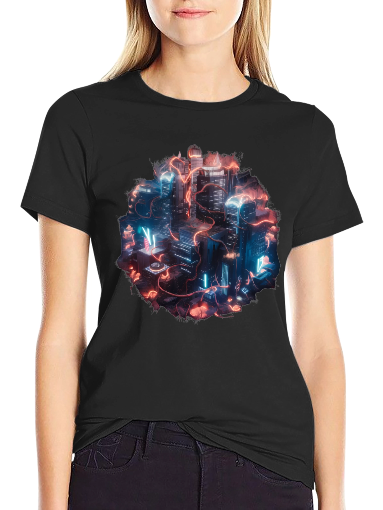 Neon Cityscape Graphic Tee - Black