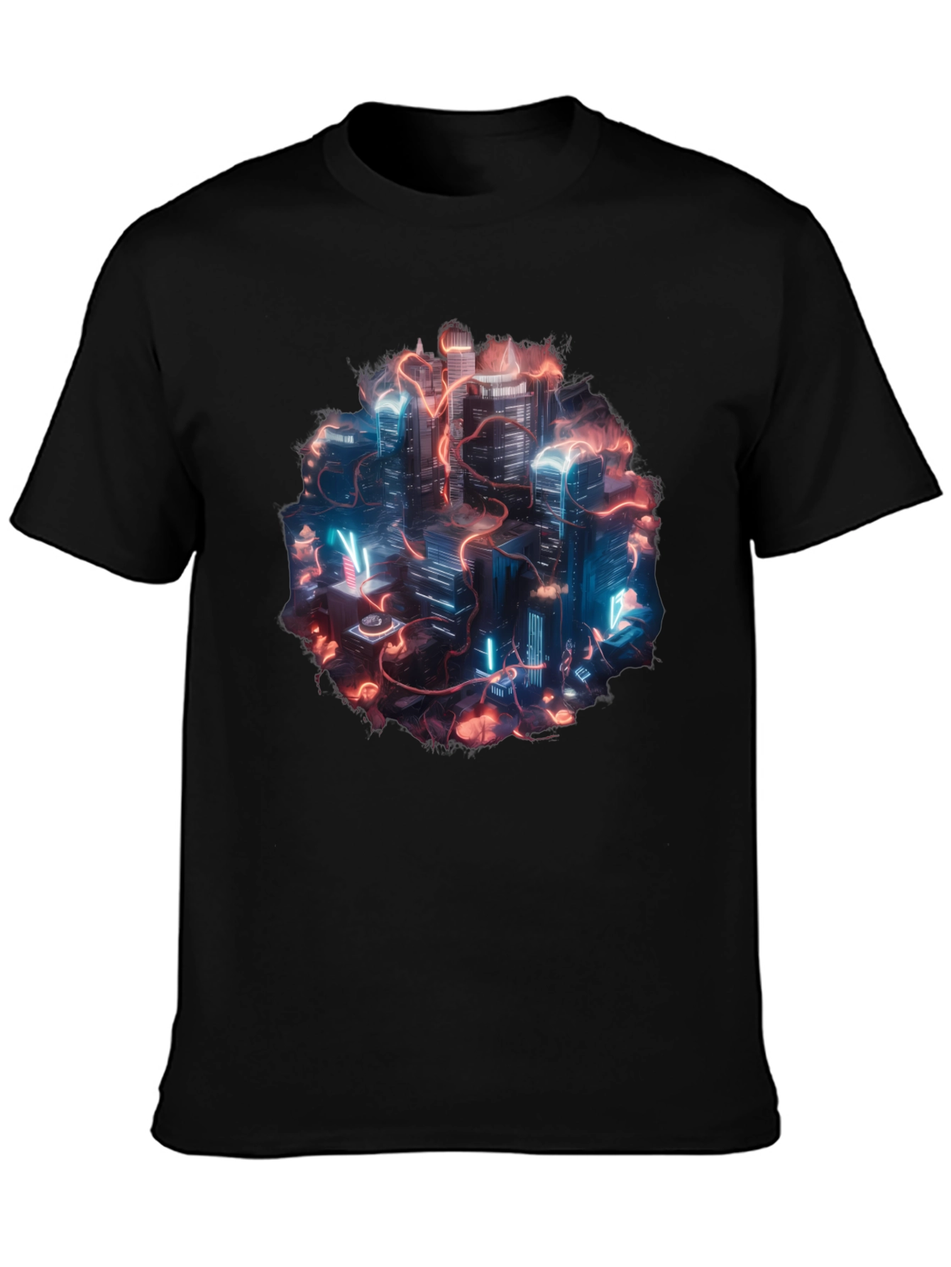Neon Cityscape Graphic Tee - Black