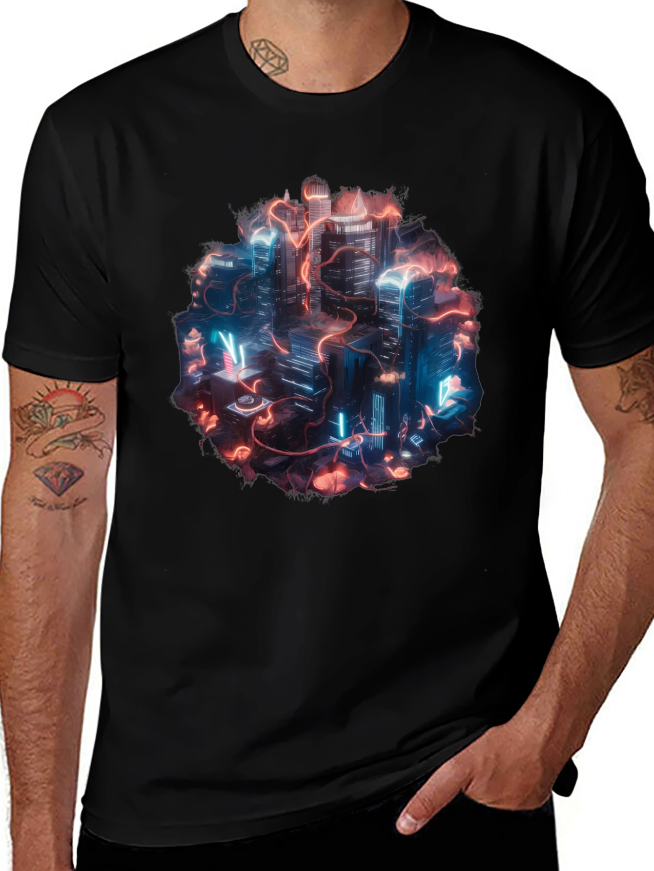 Neon Cityscape Graphic Tee - Black