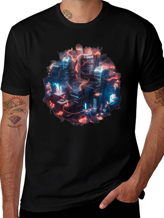 Neon Cityscape Graphic Tee - Black