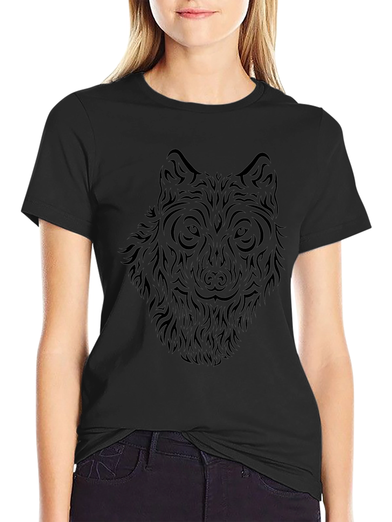 Wolf Tribal Graphic Print Black T-Shirt