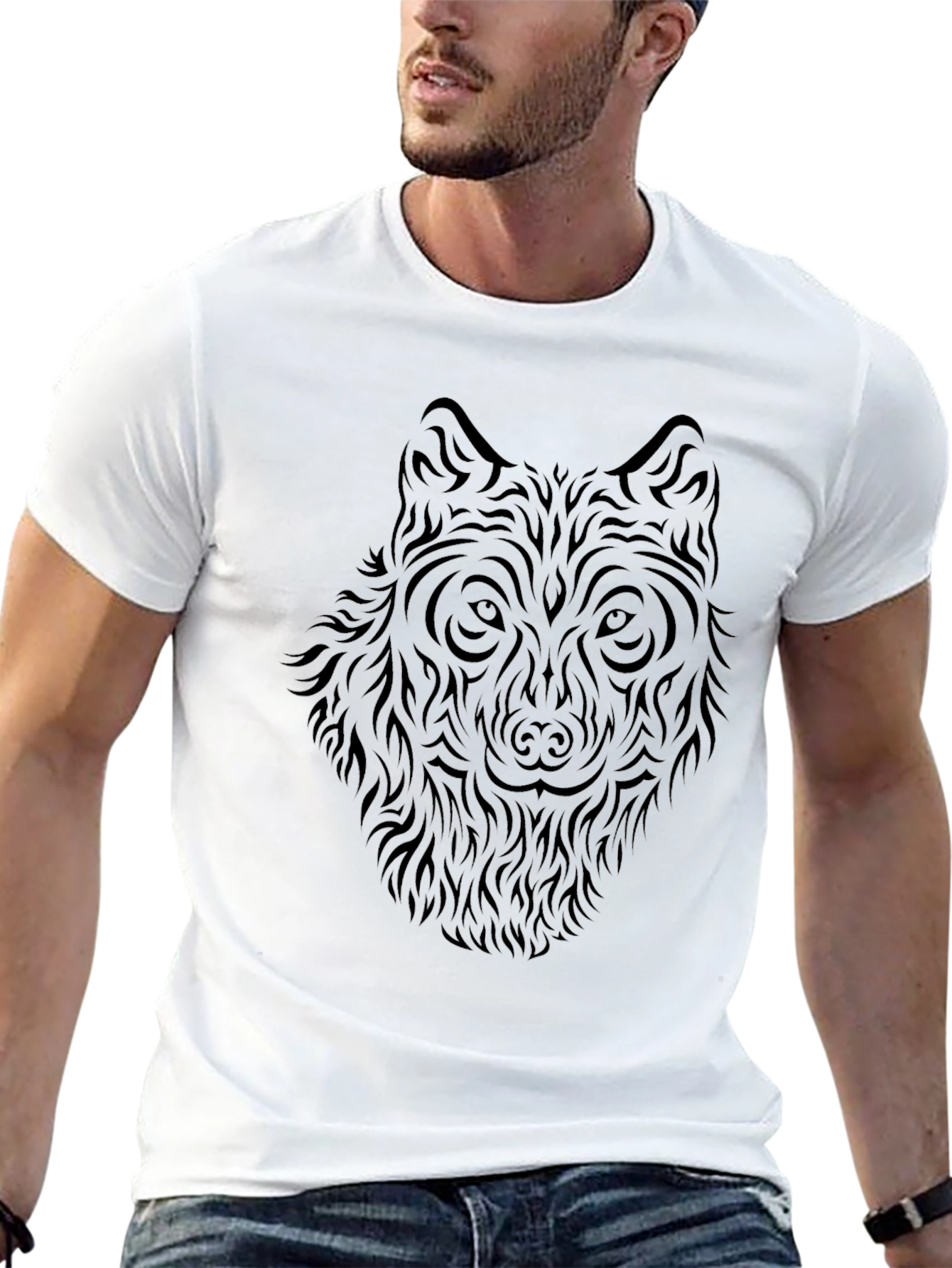 Wolf Tribal Graphic Print Black T-Shirt