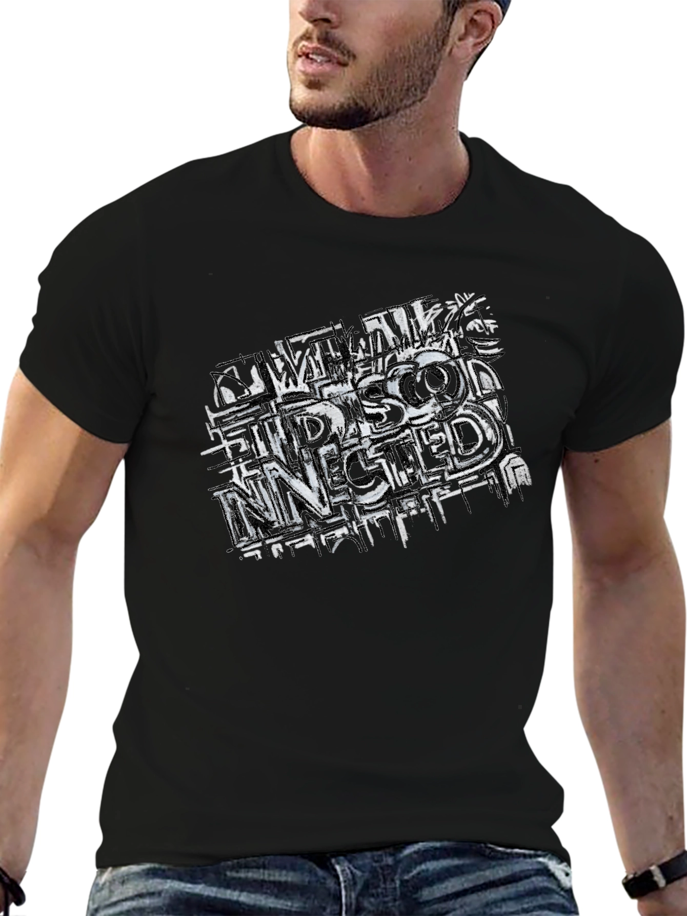 Distressed Graphic Print Black Tee