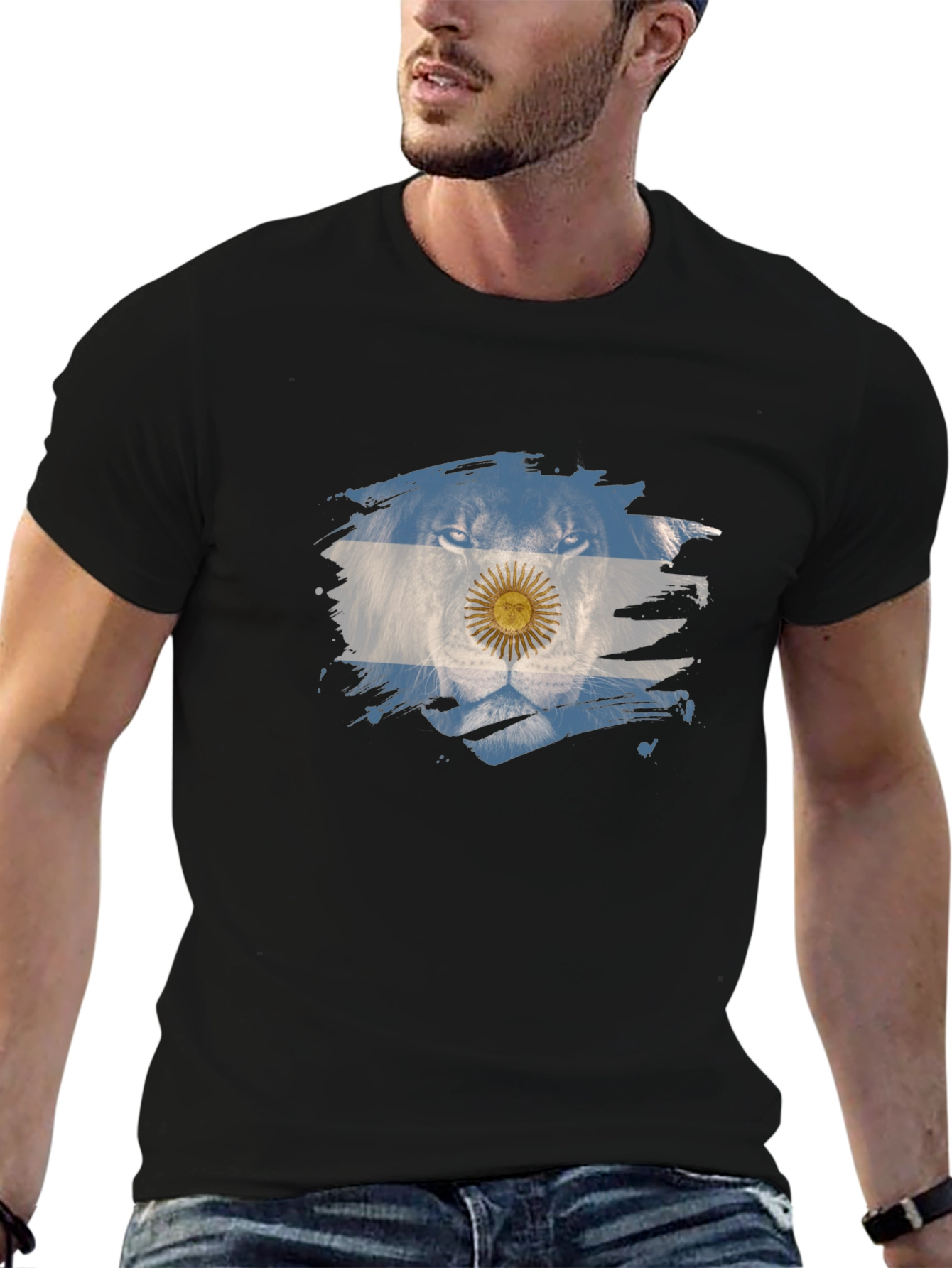 Argentina Lion Flag Graphic Tee - Black Cotton T-Shirt