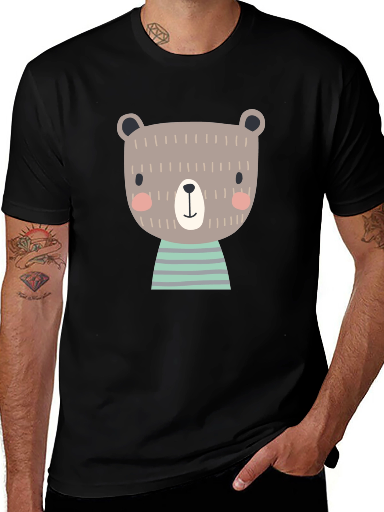 Cute Bear Graphic Print Black T-Shirt